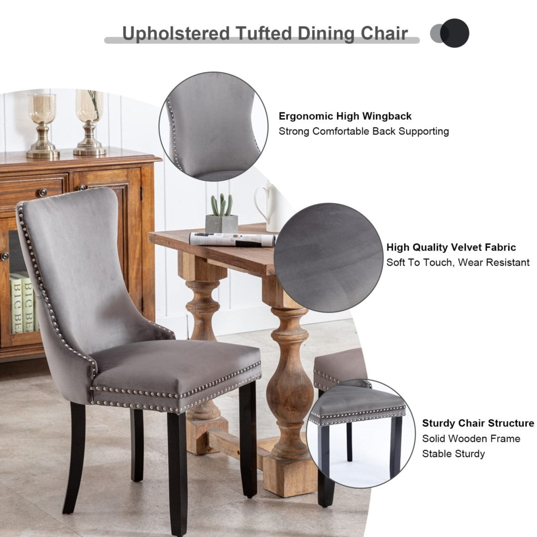 2x Velvet Upholstered Dining Chairs Tufted Wingback Side Chair with Studs Trim Solid Wood Legs for Kitchen V226-SW8809GY