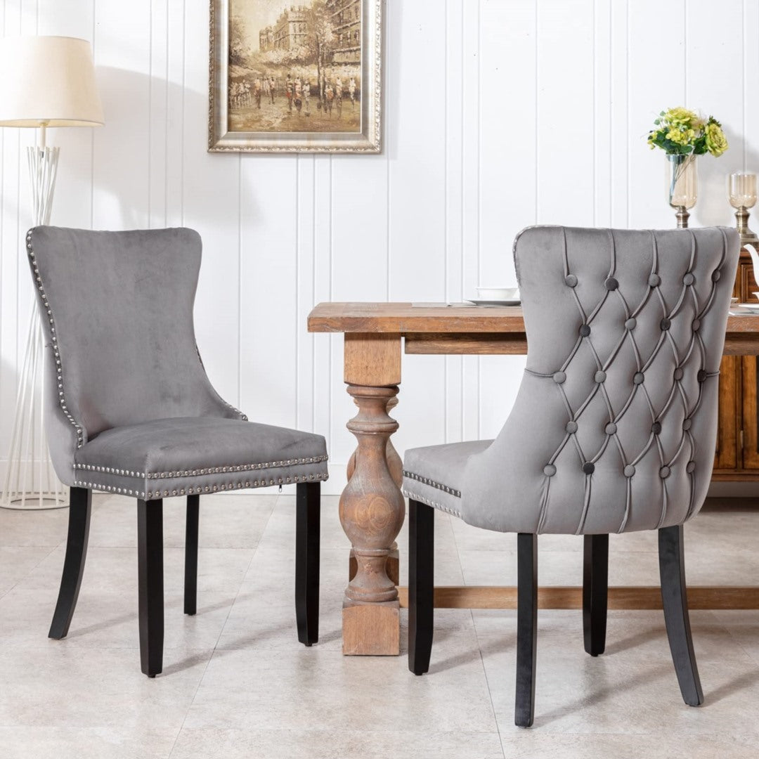 2x Velvet Upholstered Dining Chairs Tufted Wingback Side Chair with Studs Trim Solid Wood Legs for Kitchen V226-SW8809GY