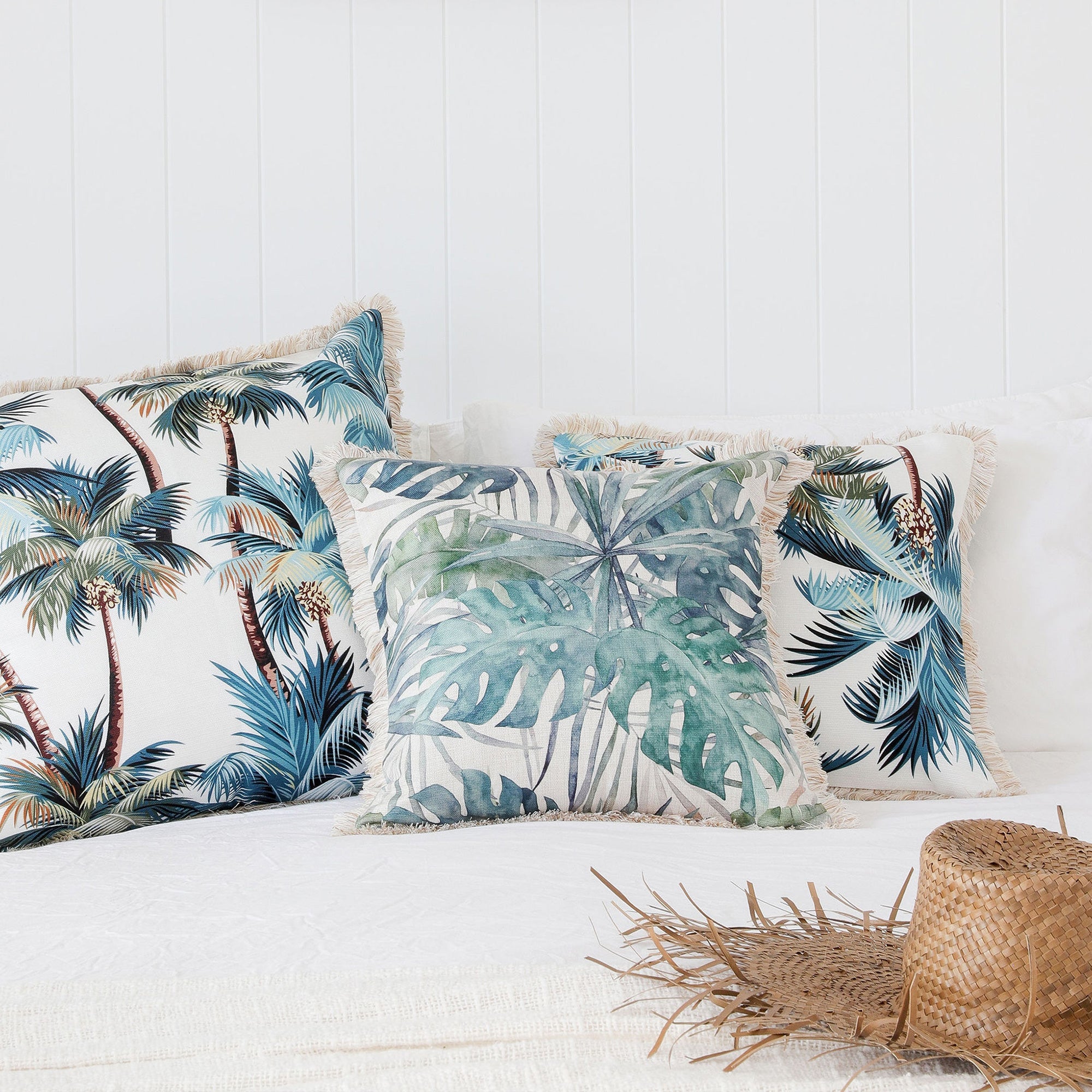 Cushion Cover-Coastal Fringe Natural-Palm Trees White-45cm x 45cm V236-EP12204602CF