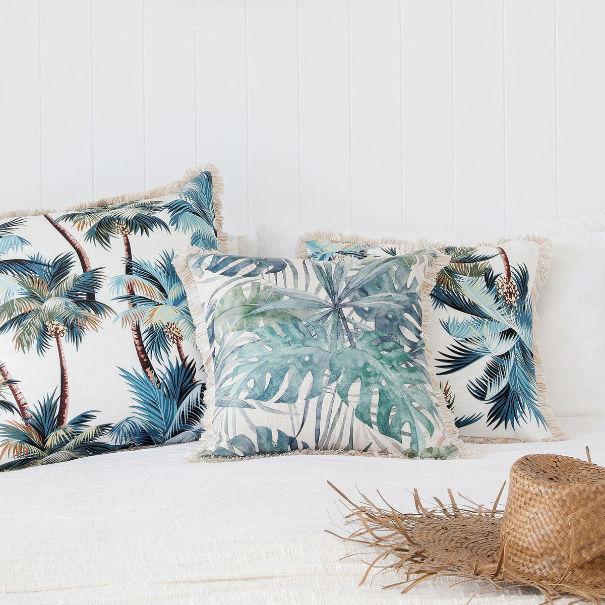 Cushion Cover-Coastal Fringe Natural-Palm Trees White-45cm x 45cm V236-EP12204602CF