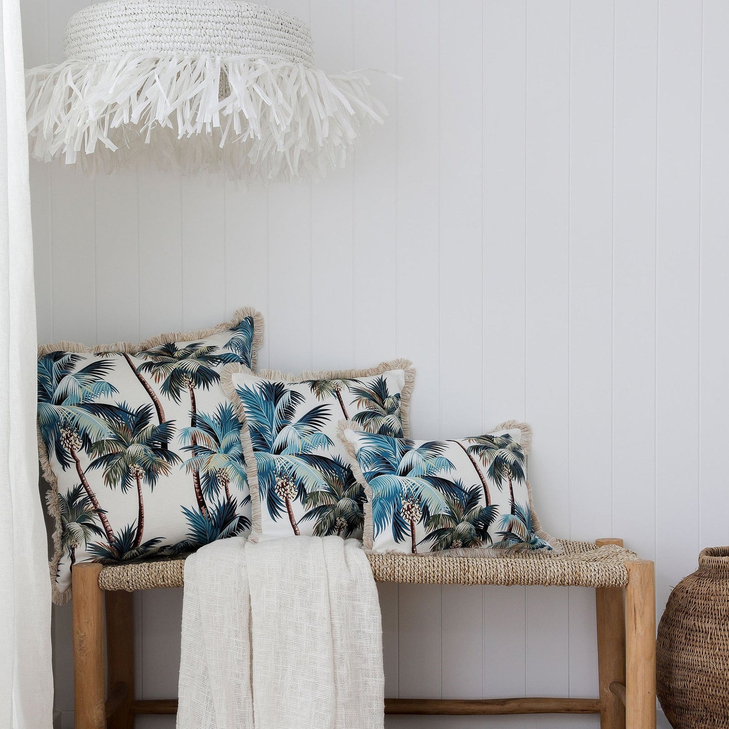 Cushion Cover-Coastal Fringe Natural-Palm Trees White-45cm x 45cm V236-EP12204602CF