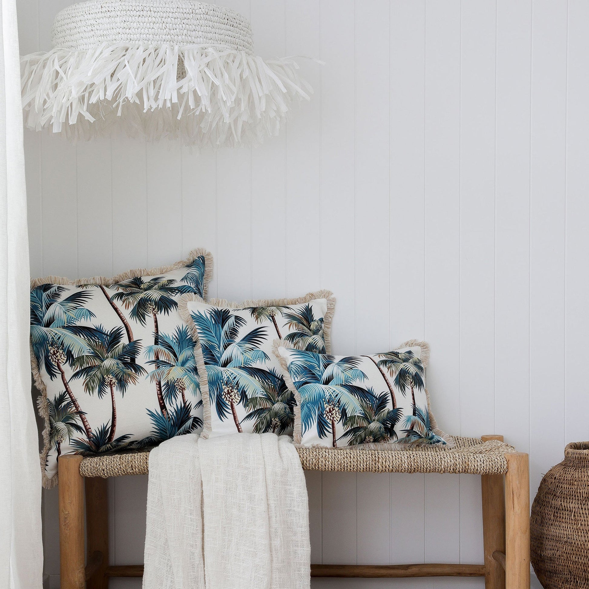 Cushion Cover-Coastal Fringe Natural-Palm Trees White-45cm x 45cm V236-EP12204602CF