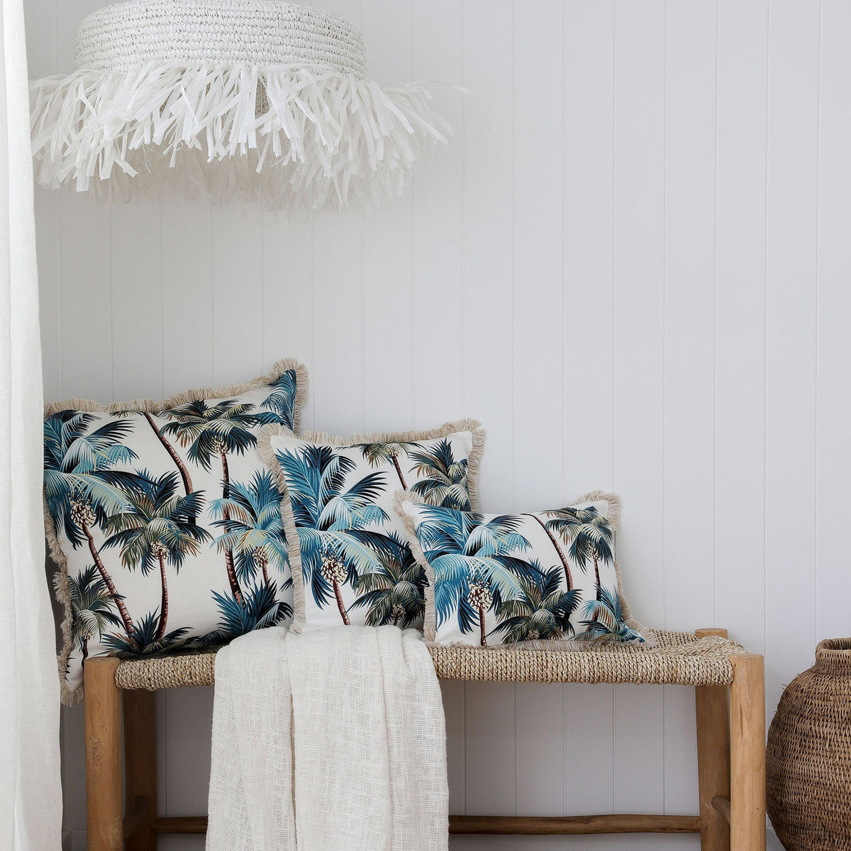 Cushion Cover-Coastal Fringe Natural-Palm Trees White-45cm x 45cm V236-EP12204602CF