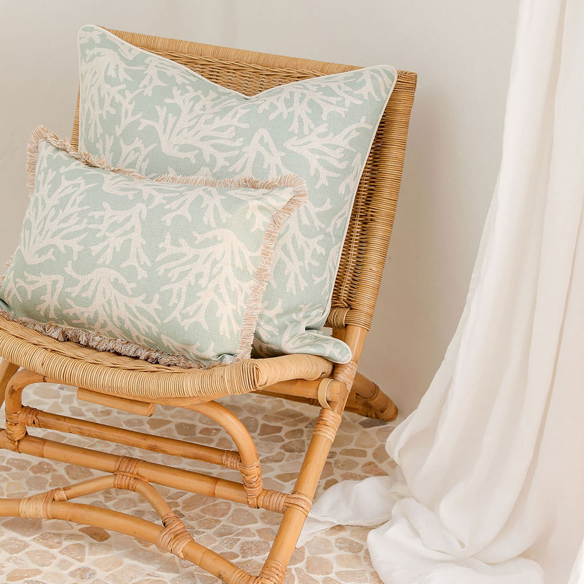 Cushion Cover-Coastal Fringe Natural-Coastal Coral Seafoam-35cm x 50cm V236-EP13229801CF