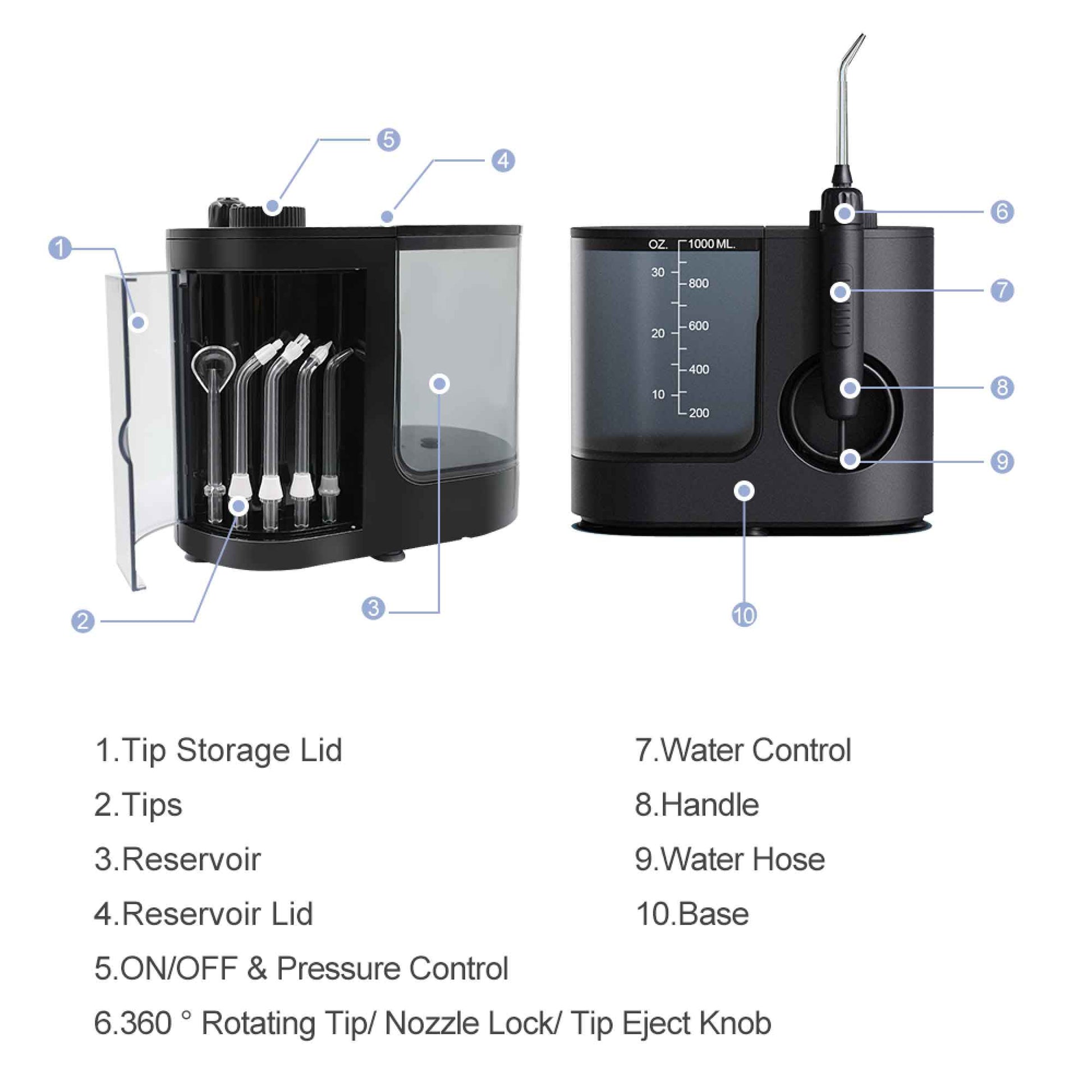 Orku 1000ml Water Flosser Electric Oral Irrigator - Adjustable Pressure Black V238-SUPDZ-109164920838