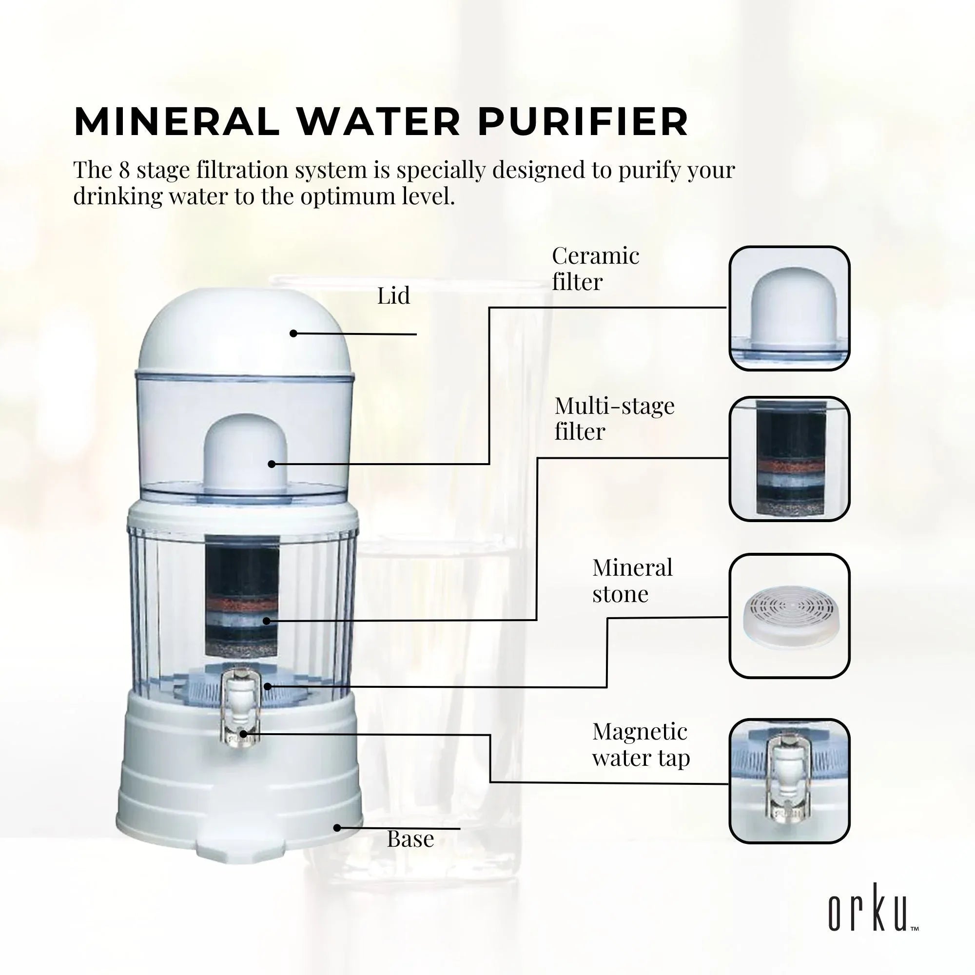 Orku 14L Benchtop Water Filter - 8 Stage Mineral Gravity Filtration System V238-SUPDZ-20677534854