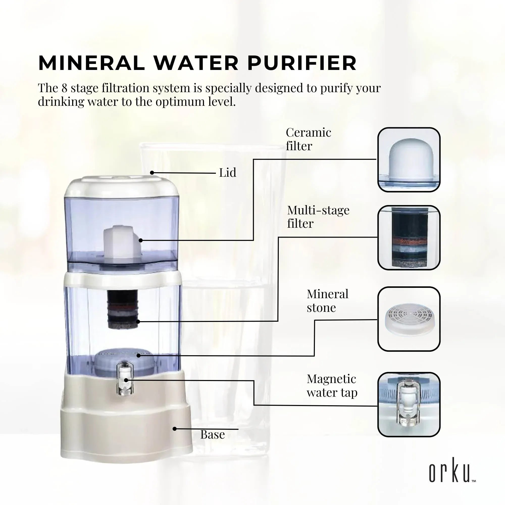 Orku 22L Benchtop Water Filters - 8 Stage Mineral Gravity Filtration System V238-SUPDZ-20678138374