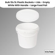 Kitchee Bulk 10x 5L Plastic Buckets + Lids - Empty White With Handle Large Pail V238-SUPDZ-21934187380816