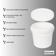 Kitchee Bulk 10x 5L Plastic Buckets + Lids - Empty White With Handle Large Pail V238-SUPDZ-21934187380816