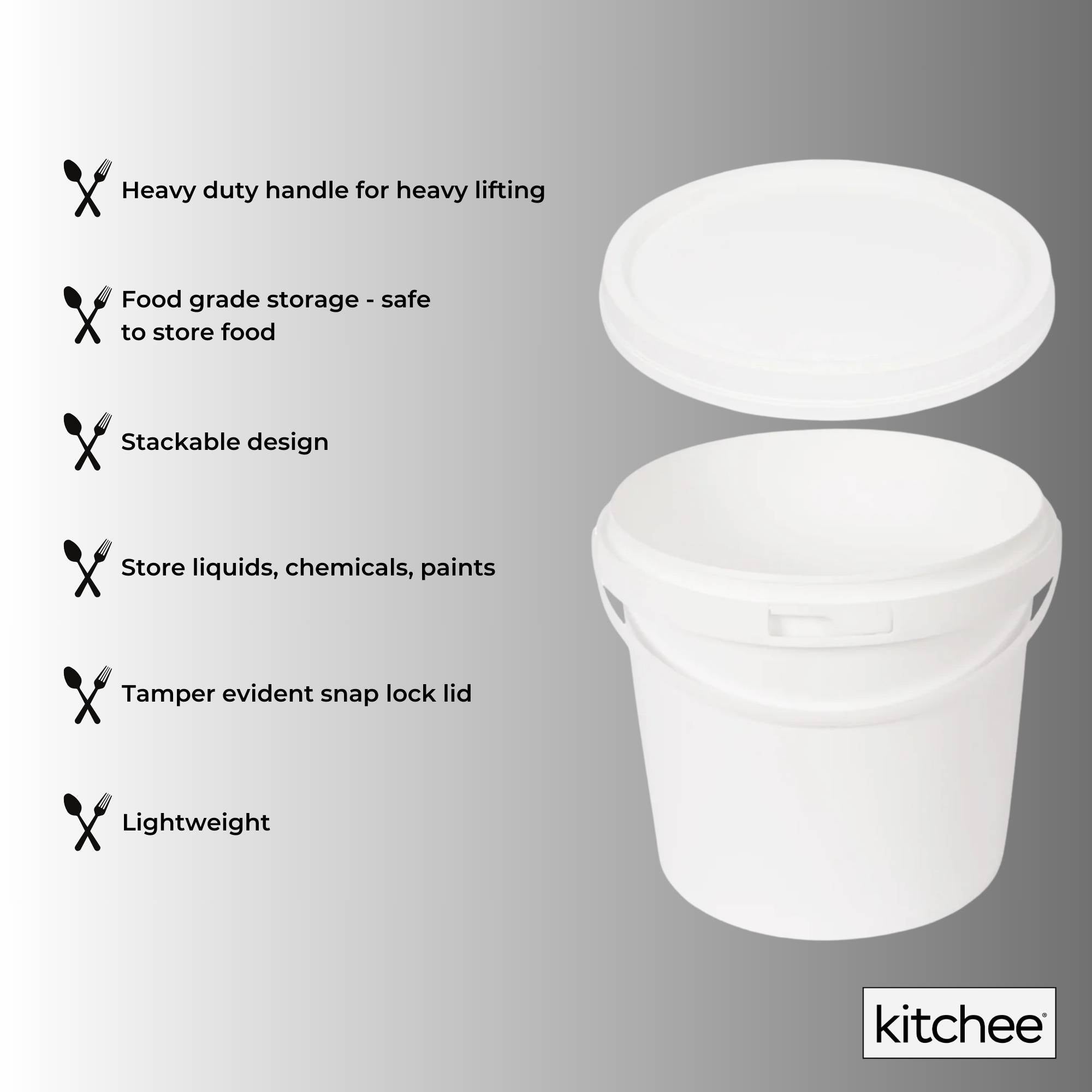 Kitchee Bulk 10x 5L Plastic Buckets + Lids - Empty White With Handle Large Pail V238-SUPDZ-21934187380816