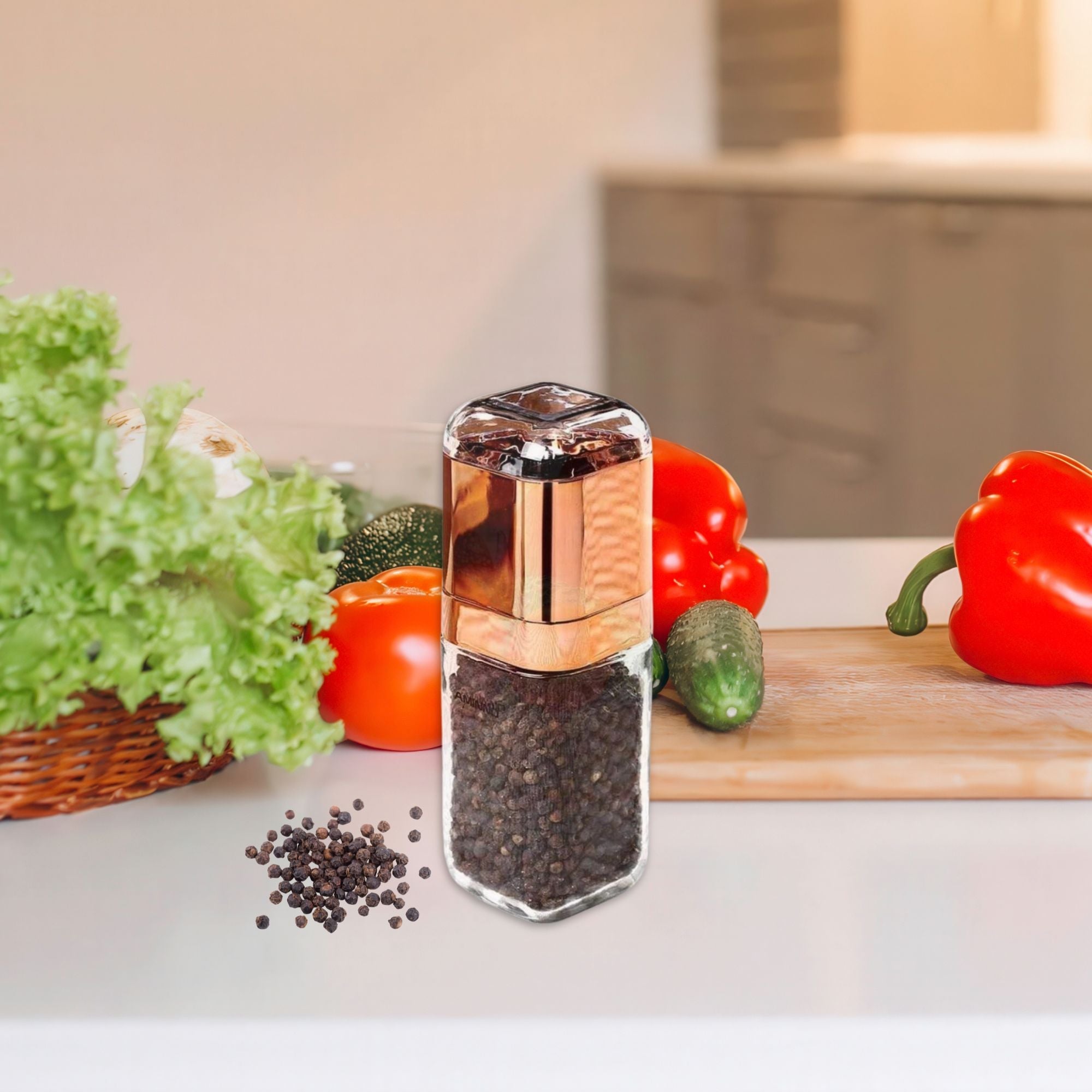 Orku Single Salt or Pepper Grinder 180ml - Glass Manual Mill with Rose Gold Lid V238-SUPDZ-28247827284048