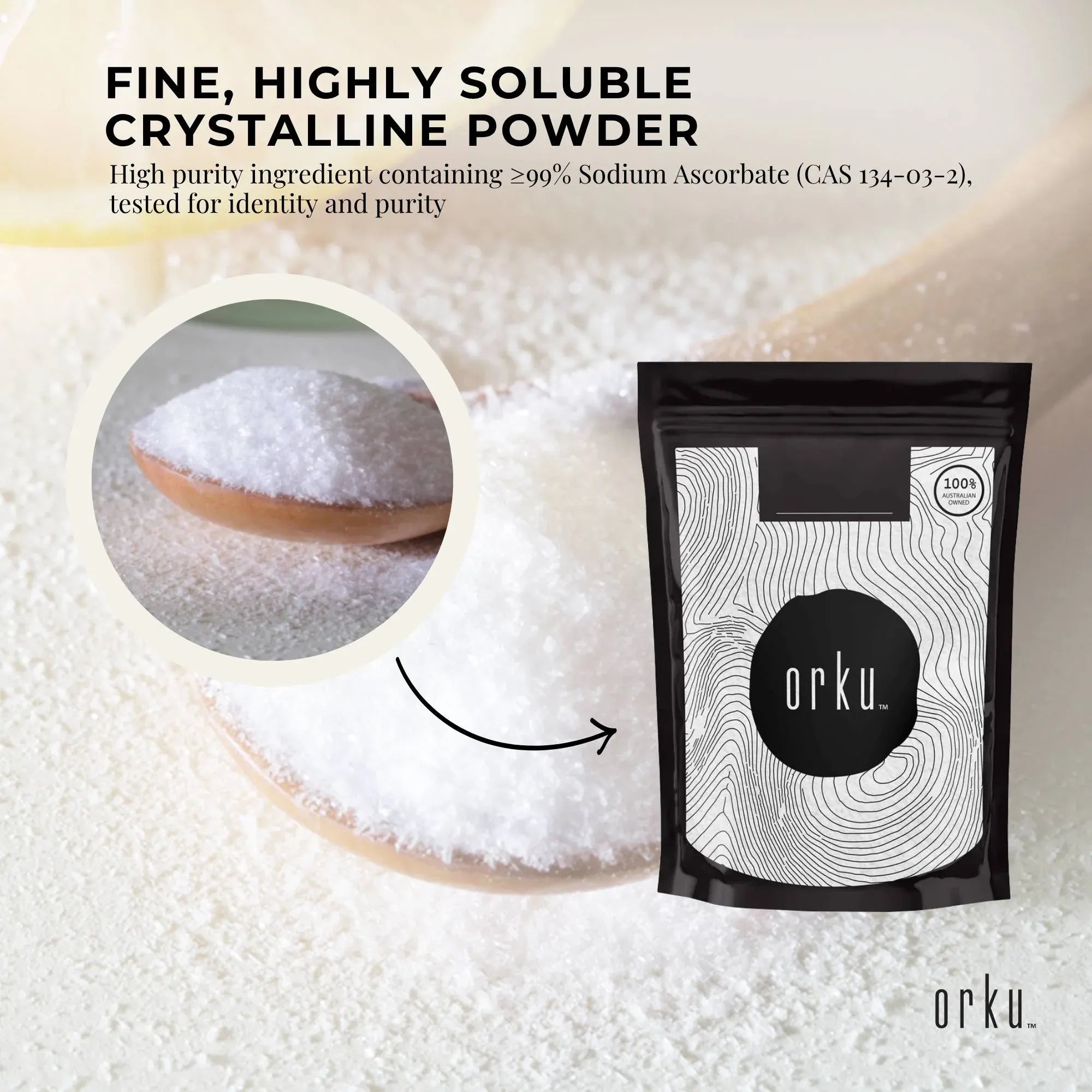 Orku 100g Sodium Ascorbate - High Purity Soluble Crystalline Powder Ingredient V238-SUPDZ-28645548163152