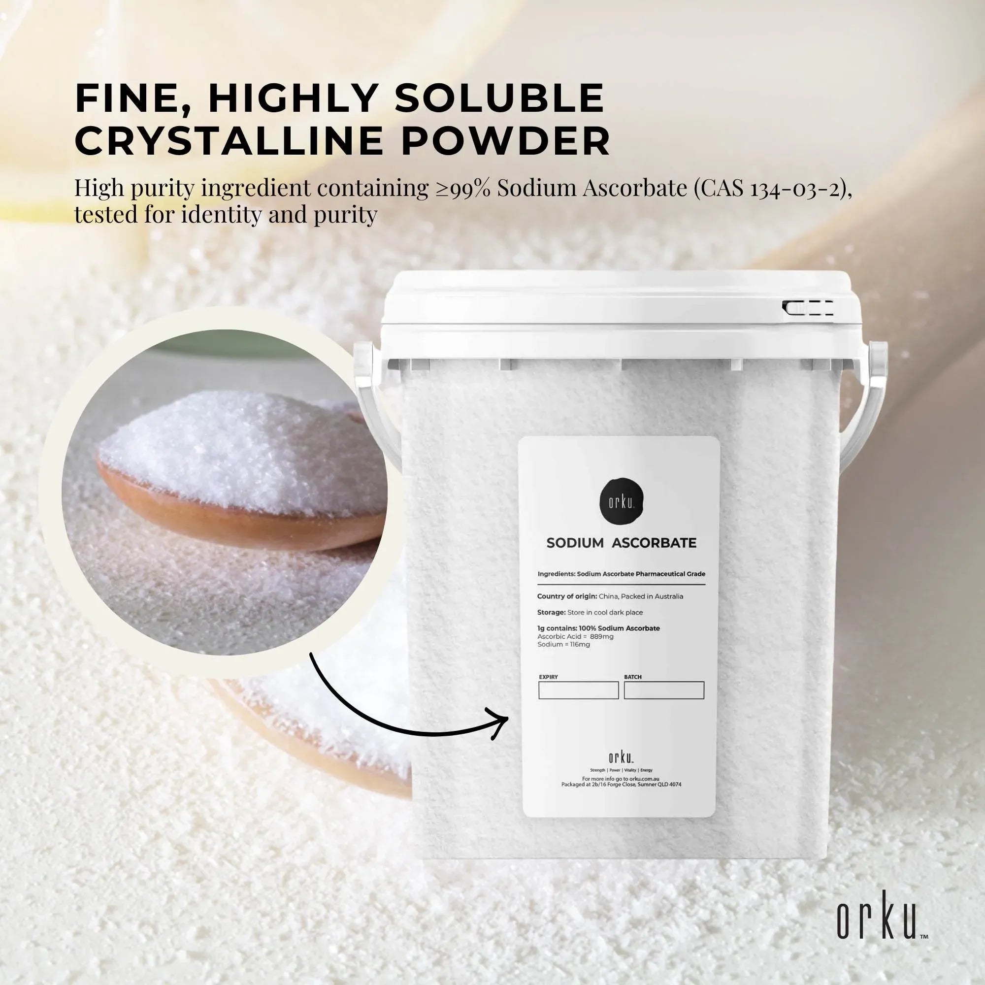 Orku 1.2Kg Sodium Ascorbate Tub - High Purity Soluble Crystalline Powder V238-SUPDZ-28715134943312