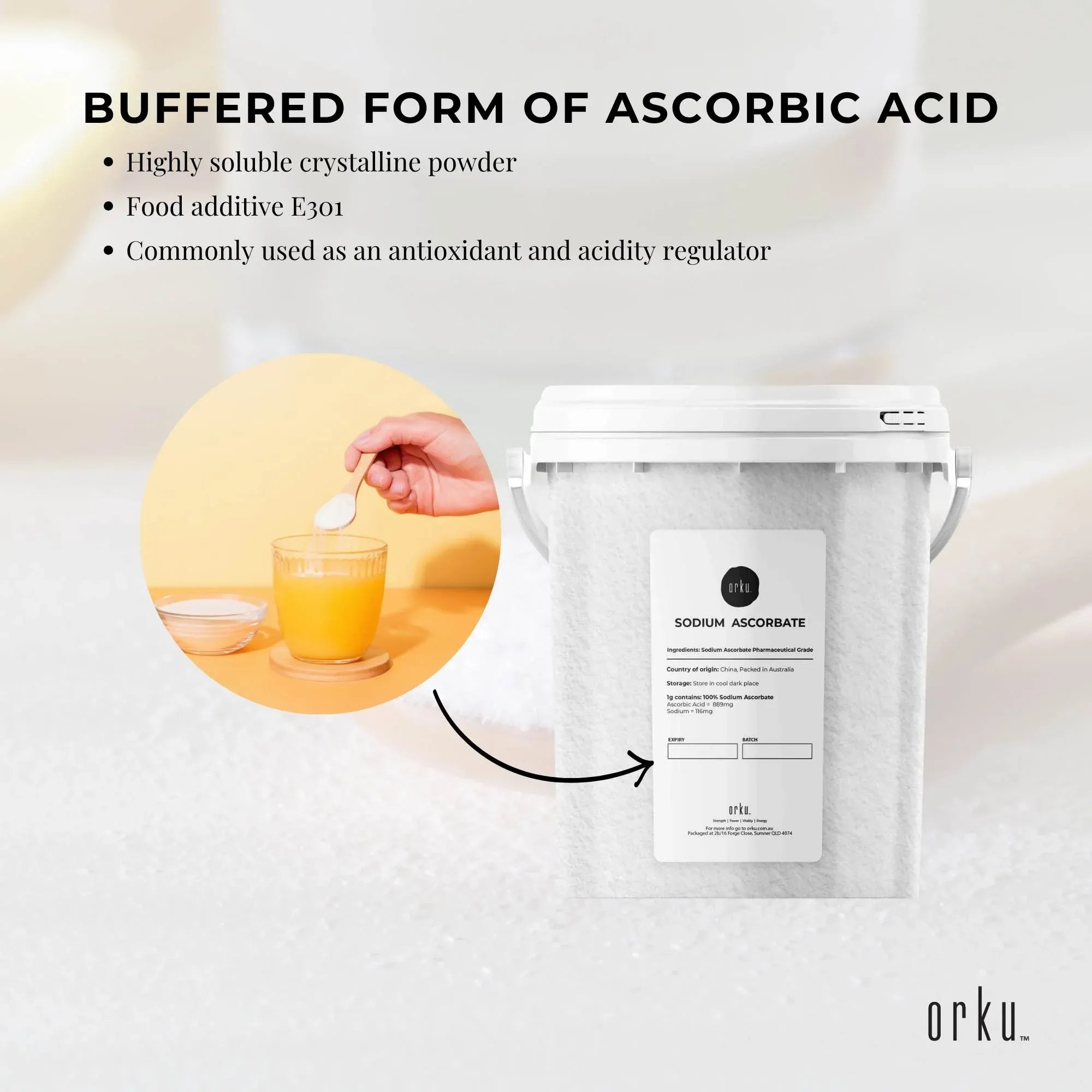 Orku 1.2Kg Sodium Ascorbate Tub - High Purity Soluble Crystalline Powder V238-SUPDZ-28715134943312