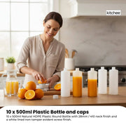Kitchee 10x 500ml Natural HDPE Round Bottle + 28/410 Caps - Empty Plastic Food Storage V238-SUPDZ-30342772785232