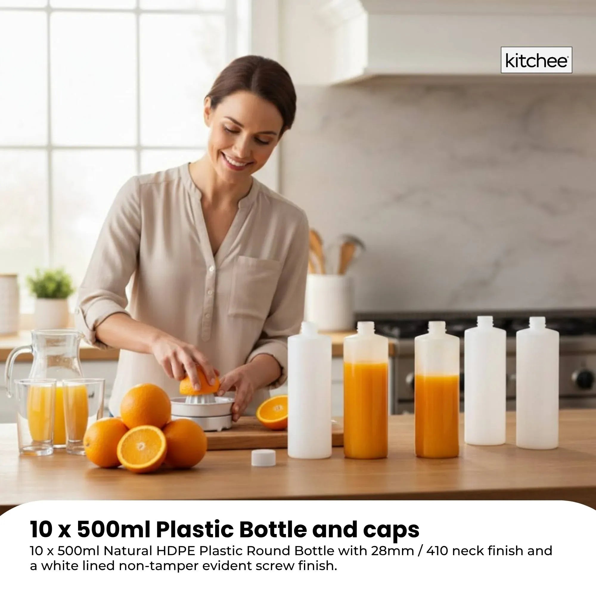 Kitchee 10x 500ml Natural HDPE Round Bottle + 28/410 Caps - Empty Plastic Food Storage V238-SUPDZ-30342772785232