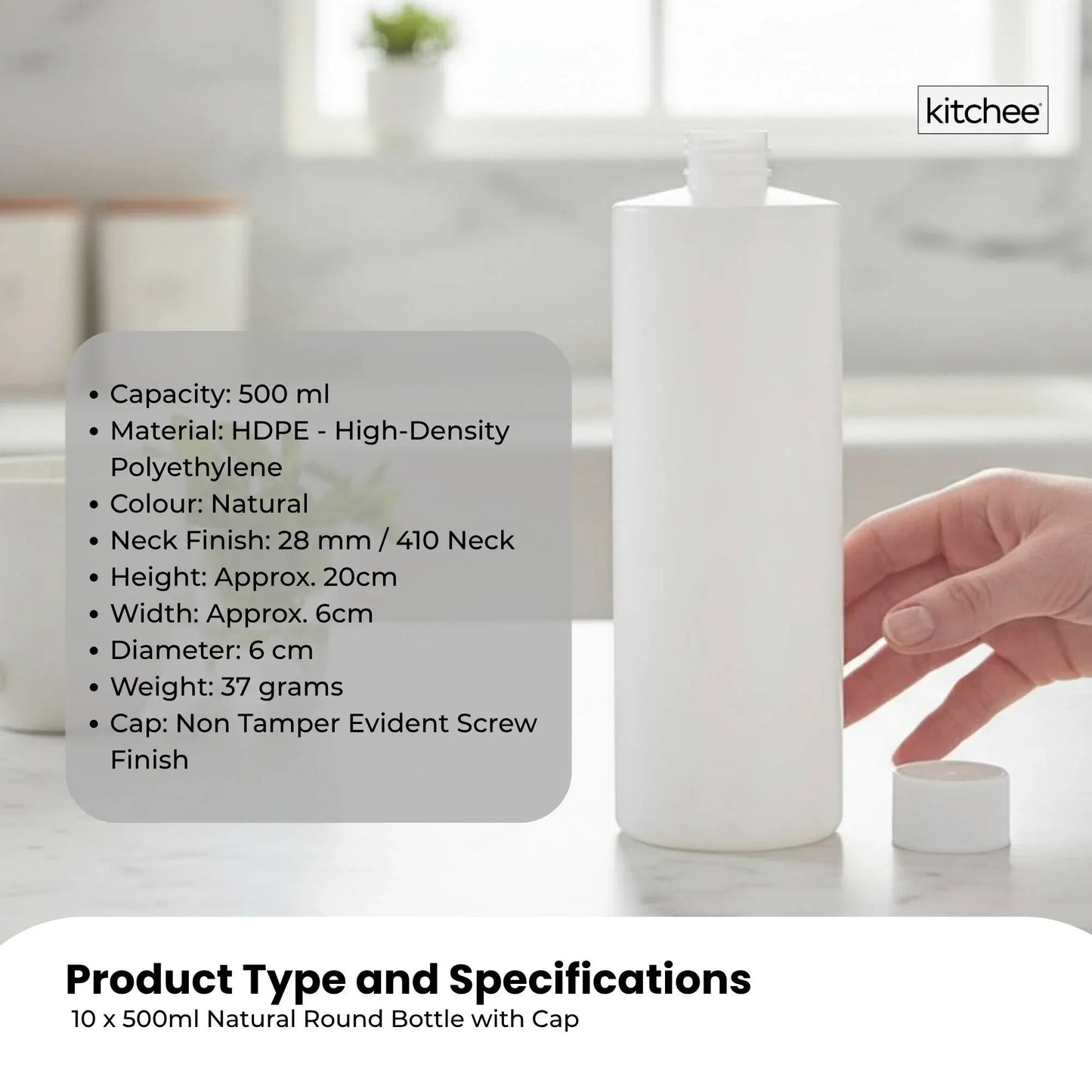 Kitchee 10x 500ml Natural HDPE Round Bottle + 28/410 Caps - Empty Plastic Food Storage V238-SUPDZ-30342772785232