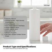 Kitchee 10x 500ml Natural HDPE Round Bottle + 28/410 Caps - Empty Plastic Food Storage V238-SUPDZ-30342772785232