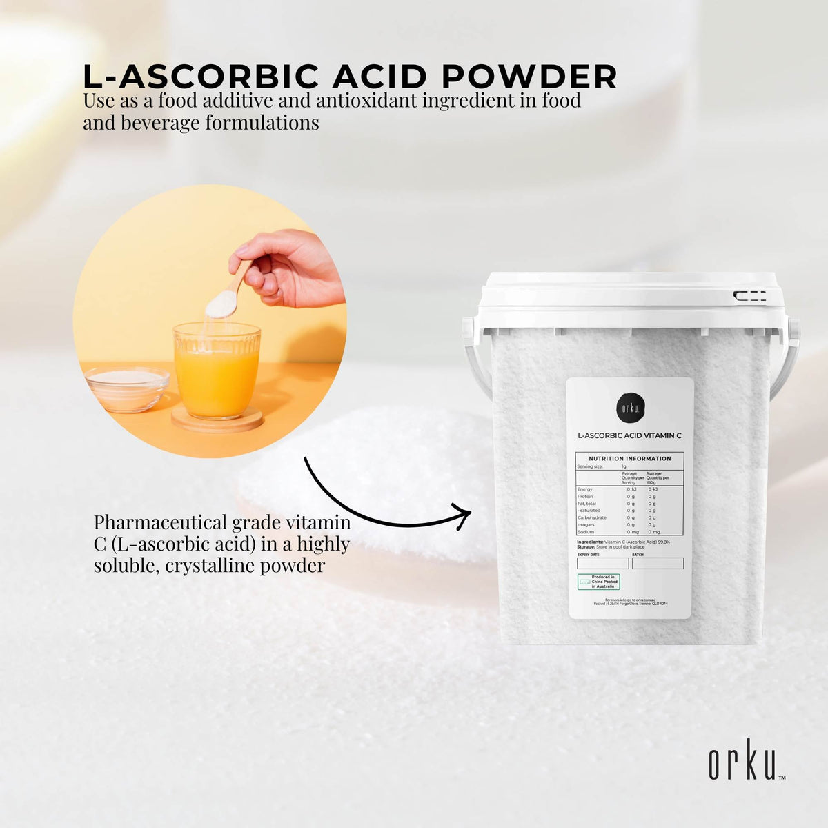 Orku 1.3Kg Vitamin C Powder in Tub Pure L-Ascorbic Acid - USP Grade Non-GMO V238-SUPDZ-30740351123536