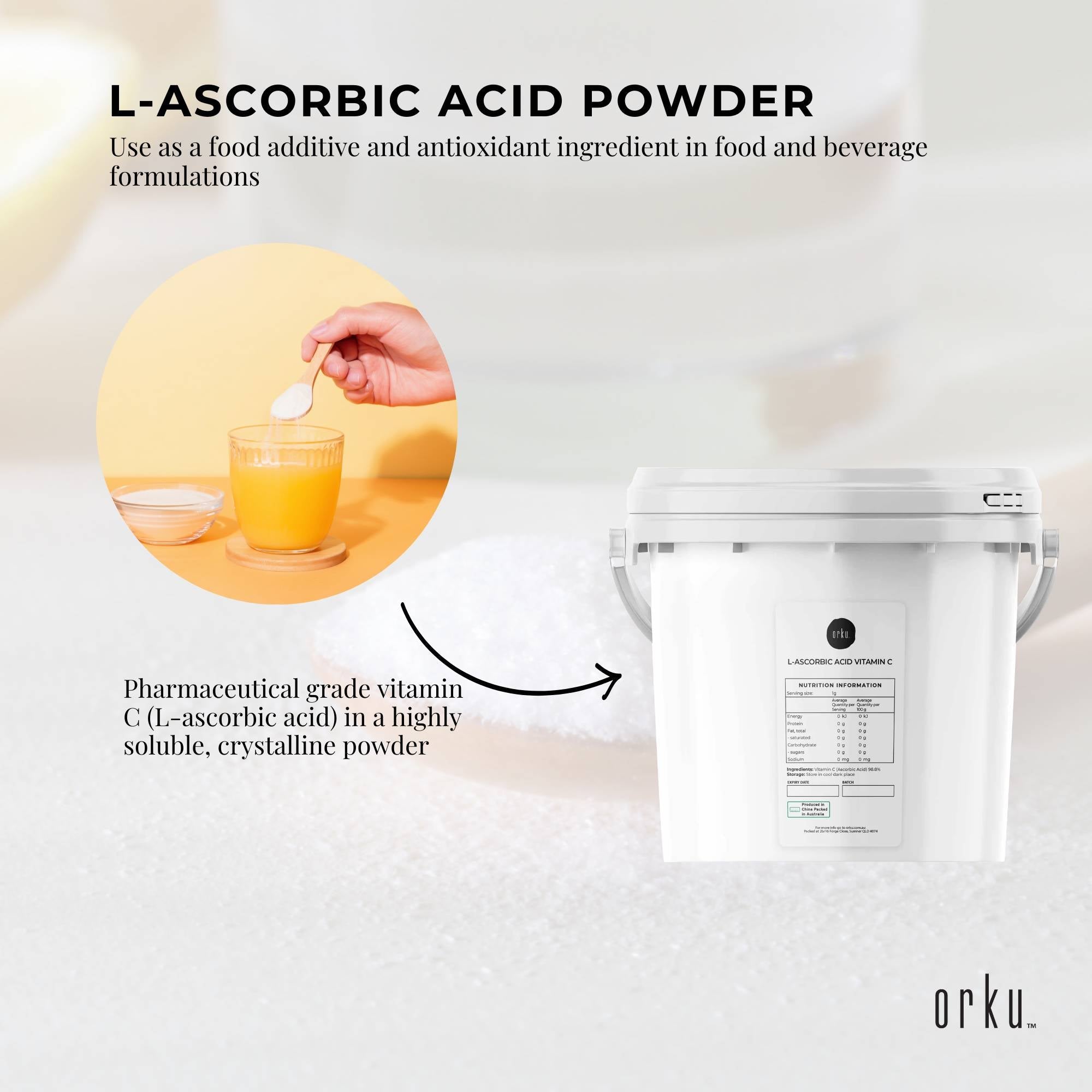 Orku 5Kg Vitamin C Powder in Tub Pure L-Ascorbic Acid - USP Grade Non-GMO V238-SUPDZ-30740380713040