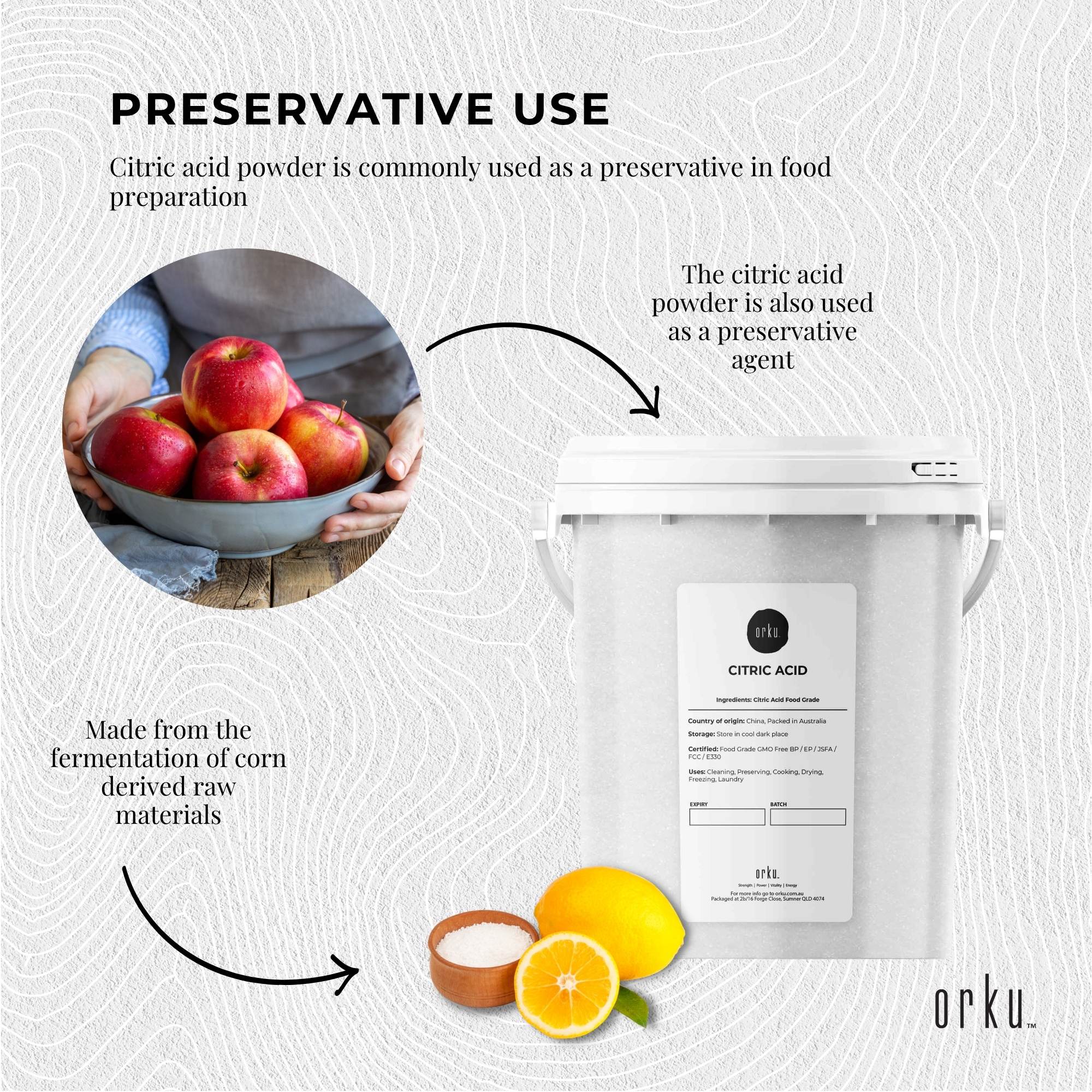Orku 1.2Kg Citric Acid Powder Tub - Food Grade Non GMO Anhydrous Preservative E330 V238-SUPDZ-30942691065936