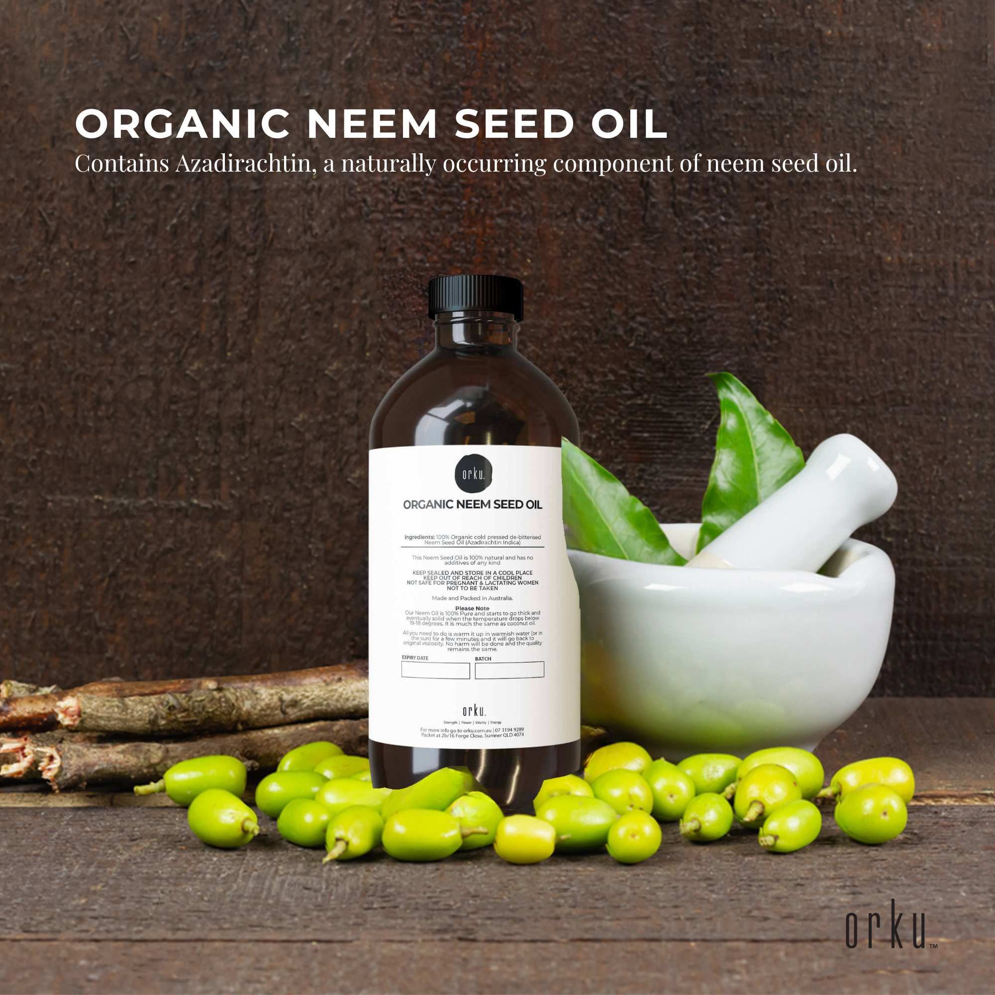 Orku 1L Organic Neem Seed Oil - Debitterised Cold Pressed Azadirachtin Indica V238-SUPDZ-31136470302800