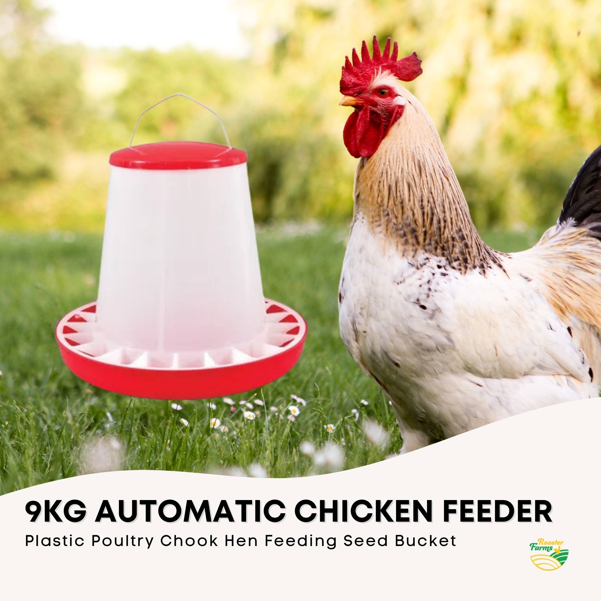Rooster Farms 9Kg Automatic Chicken Feeder - Poultry Hen Feeding Seed Bucket V238-SUPDZ-31370005839952