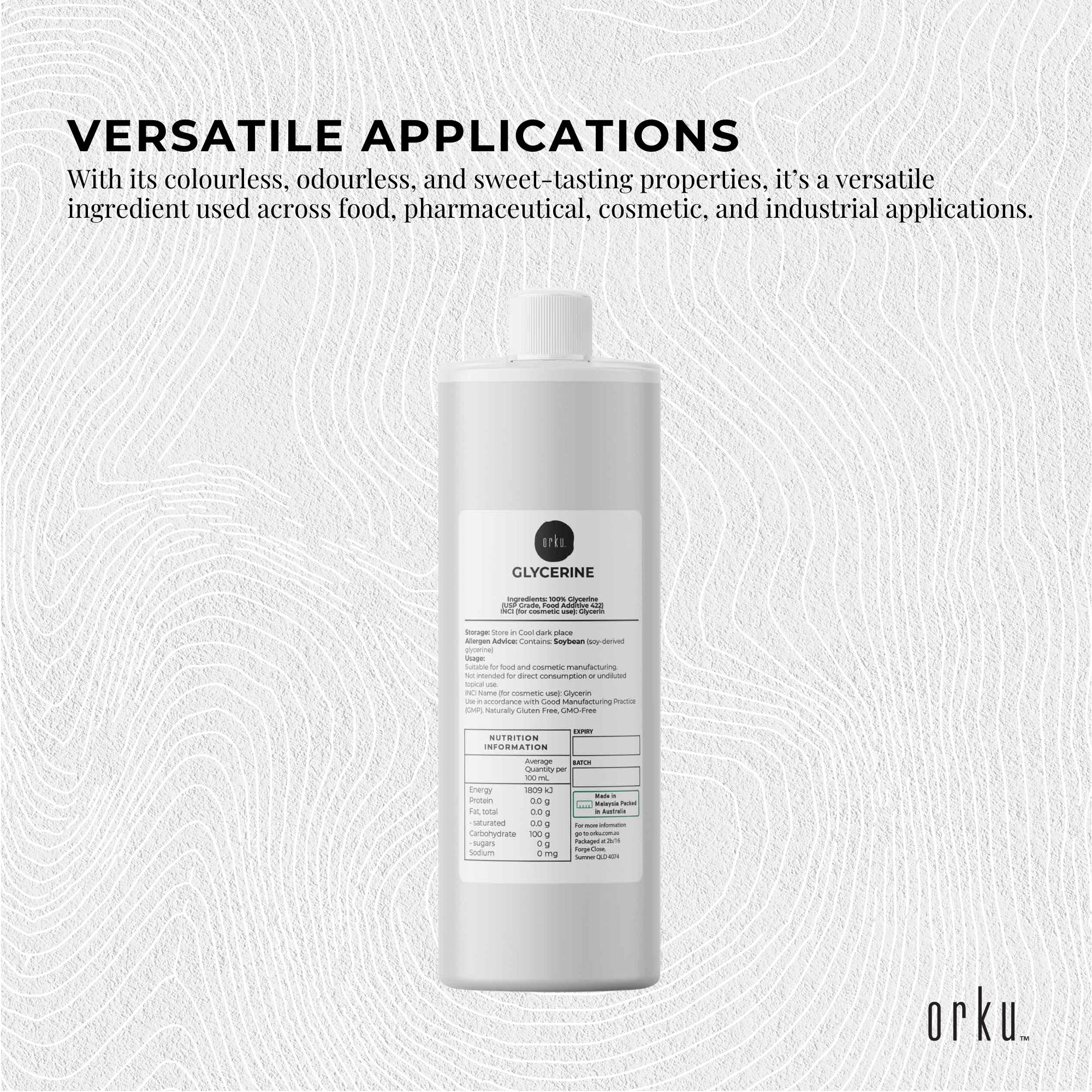 Orku 500ml Glycerine 99.9% Pure USP Food + Cosmetic Grade - Vegetable Glycerol V238-SUPDZ-31589553471568