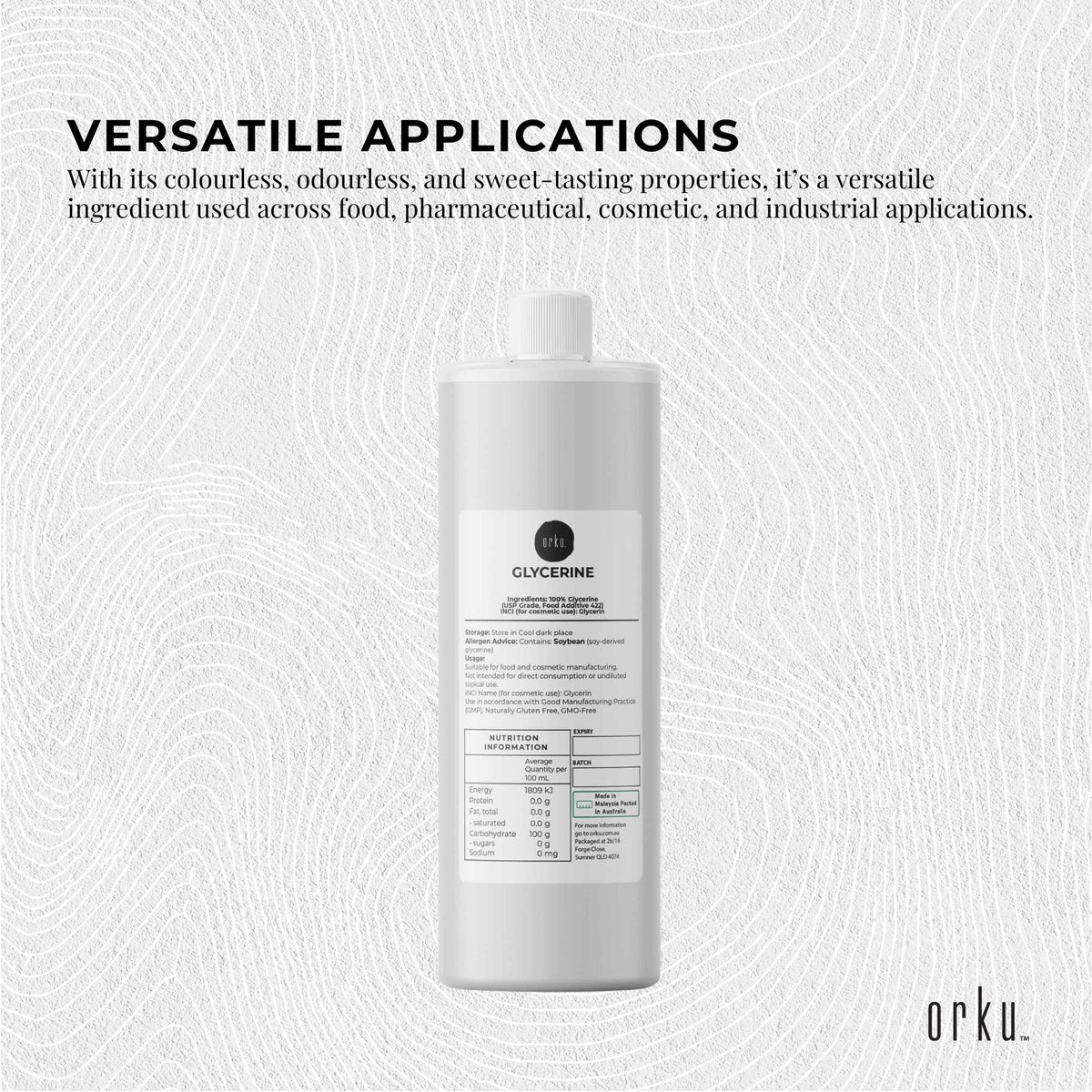 Orku 1L Glycerine 99.9% Pure USP Food + Cosmetic Grade - Vegetable Glycerol V238-SUPDZ-31589600886864