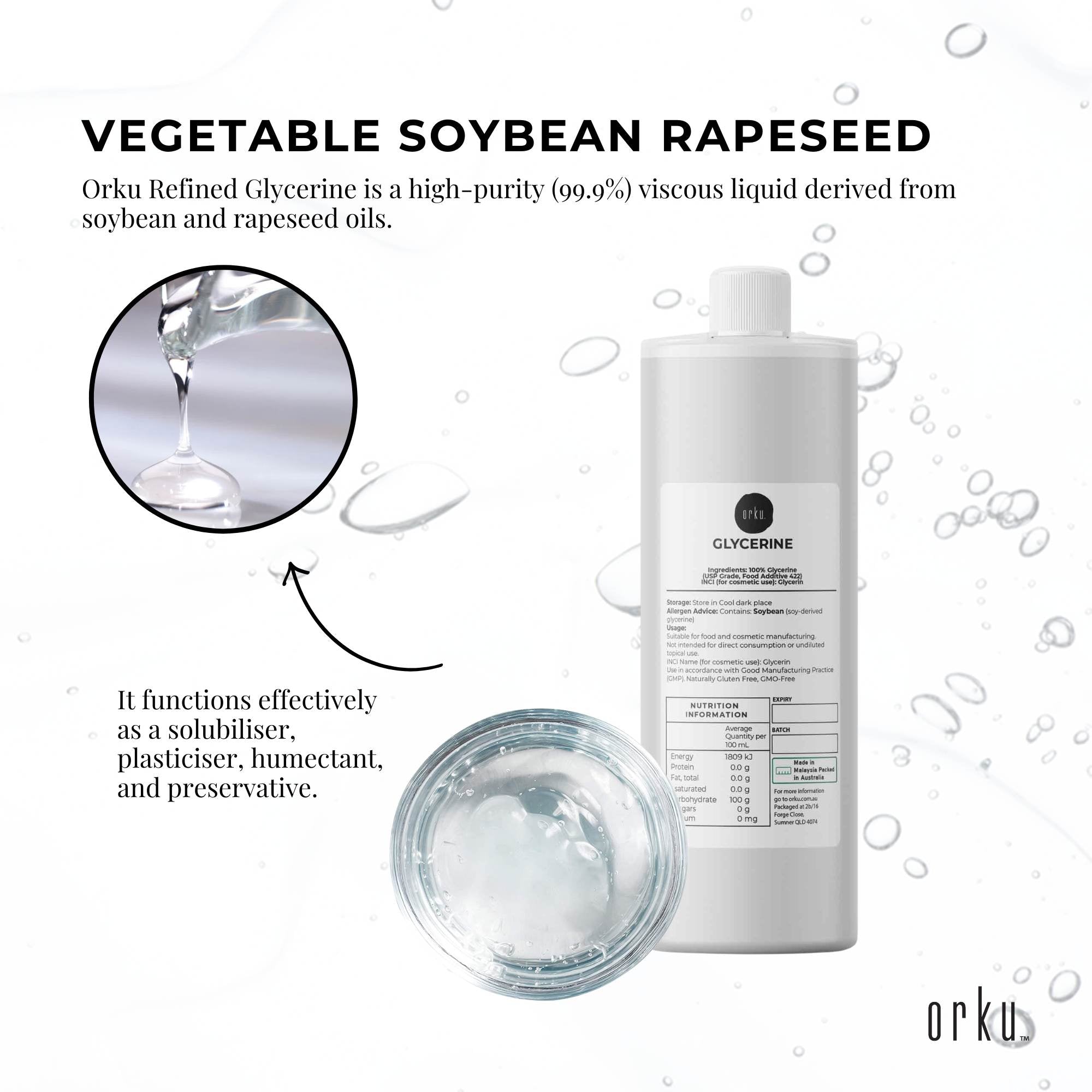 Orku 1L Glycerine 99.9% Pure USP Food + Cosmetic Grade - Vegetable Glycerol V238-SUPDZ-31589600886864