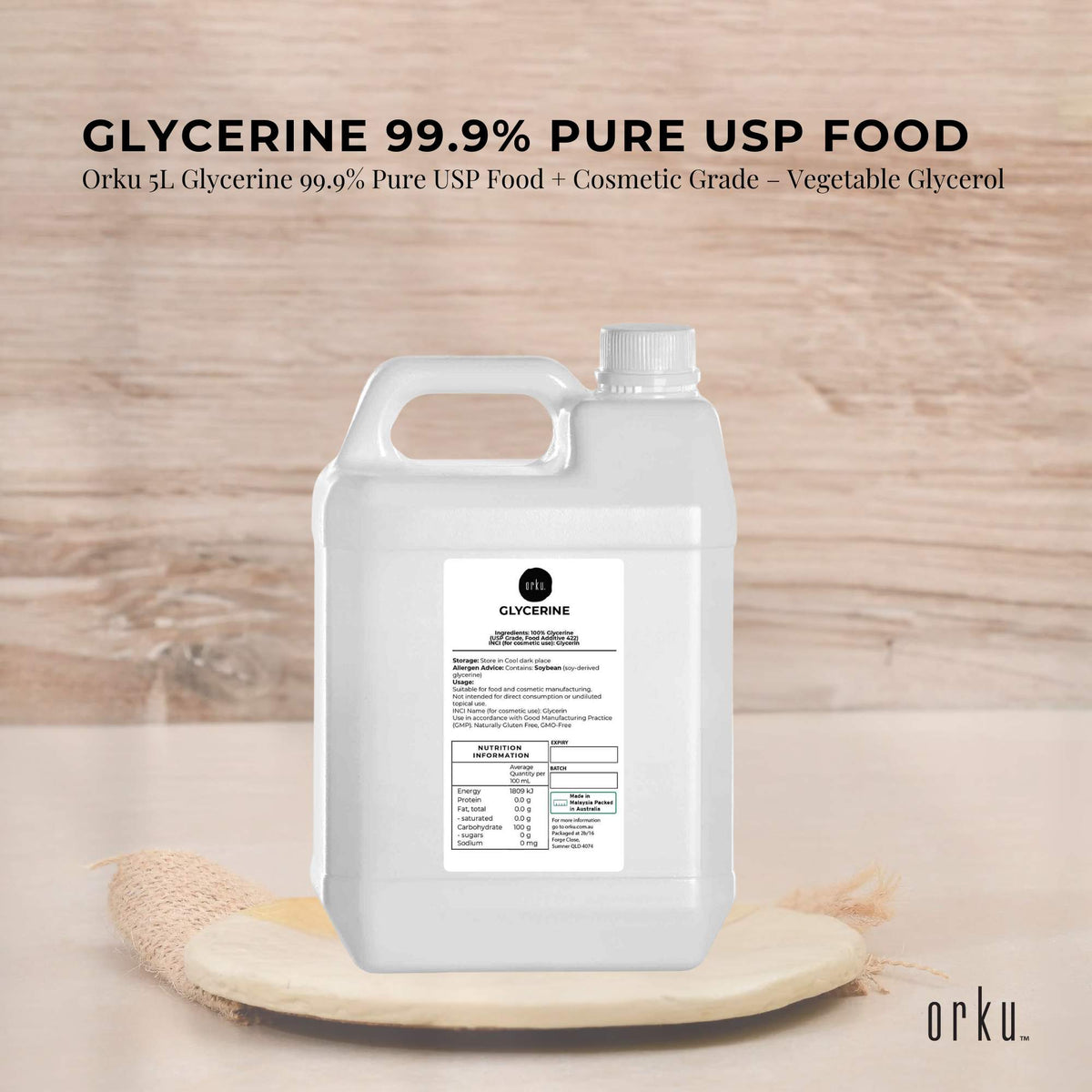 Orku 5L Glycerine 99.9% Pure USP Food + Cosmetic Grade - Vegetable Glycerol V238-SUPDZ-31589648466000