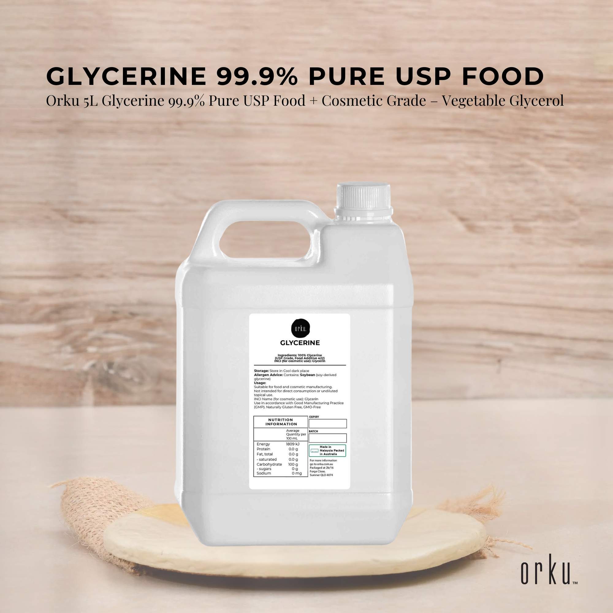 Orku 5L Glycerine 99.9% Pure USP Food + Cosmetic Grade - Vegetable Glycerol V238-SUPDZ-31589648466000