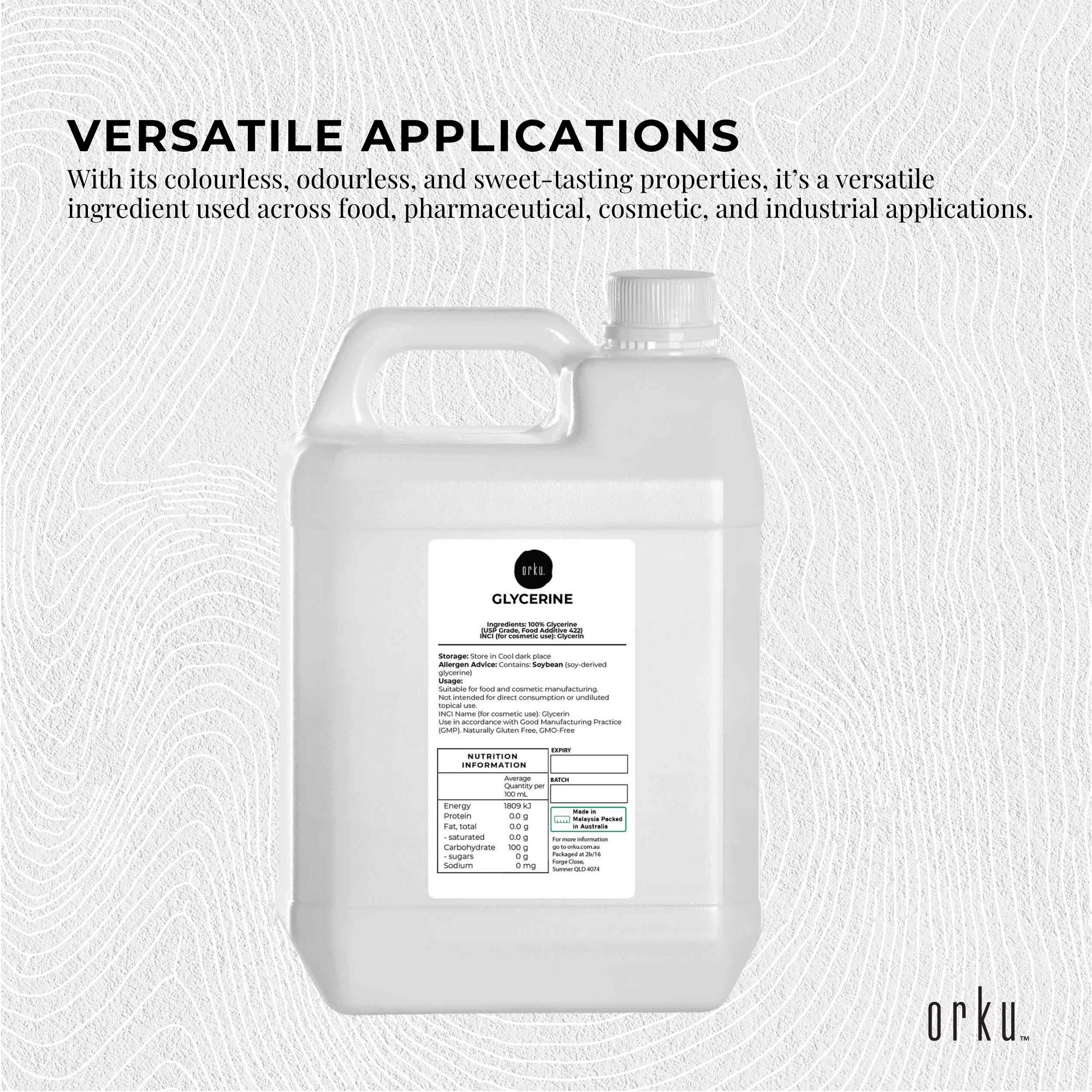 Orku 5L Glycerine 99.9% Pure USP Food + Cosmetic Grade - Vegetable Glycerol V238-SUPDZ-31589648466000