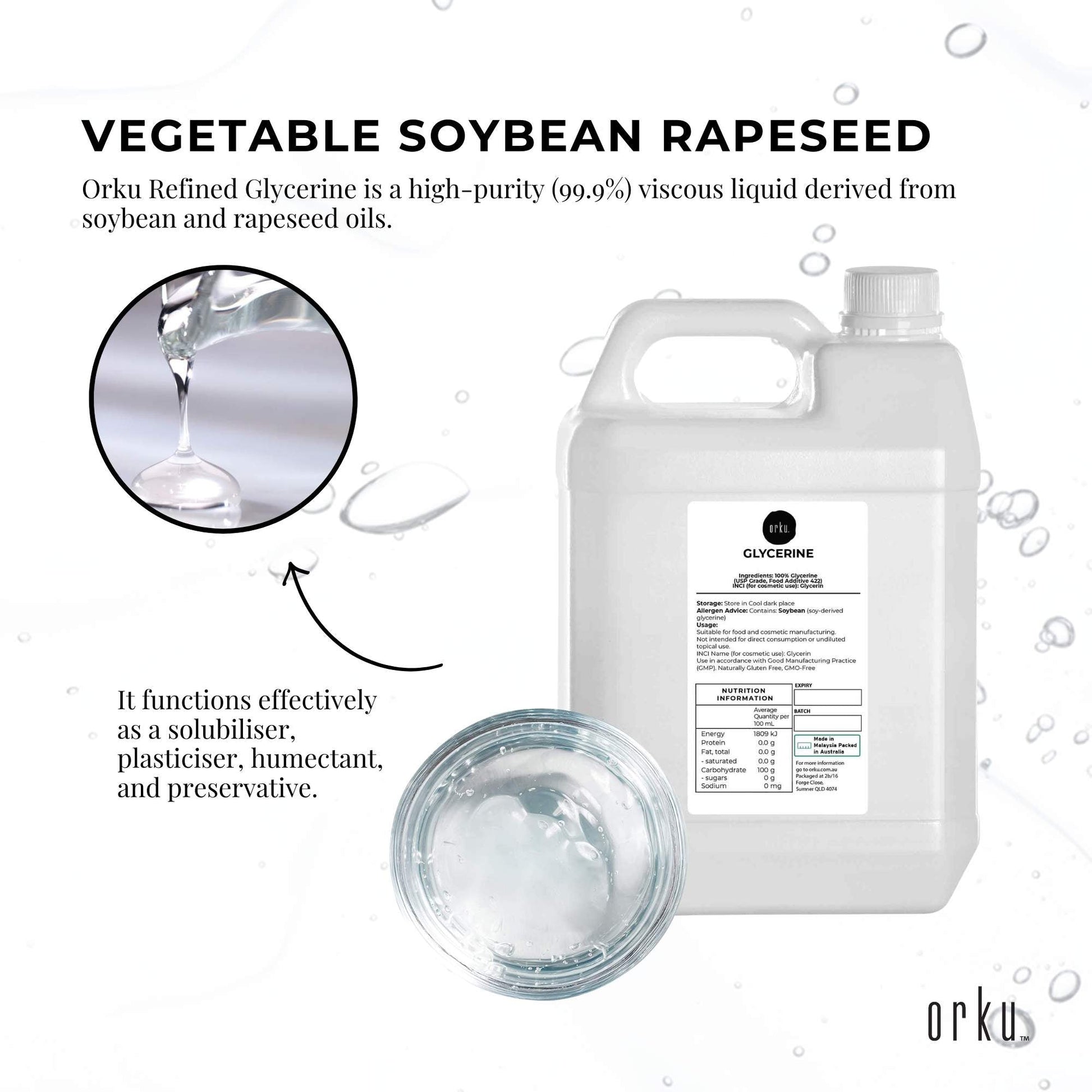 Orku 5L Glycerine 99.9% Pure USP Food + Cosmetic Grade - Vegetable Glycerol V238-SUPDZ-31589648466000