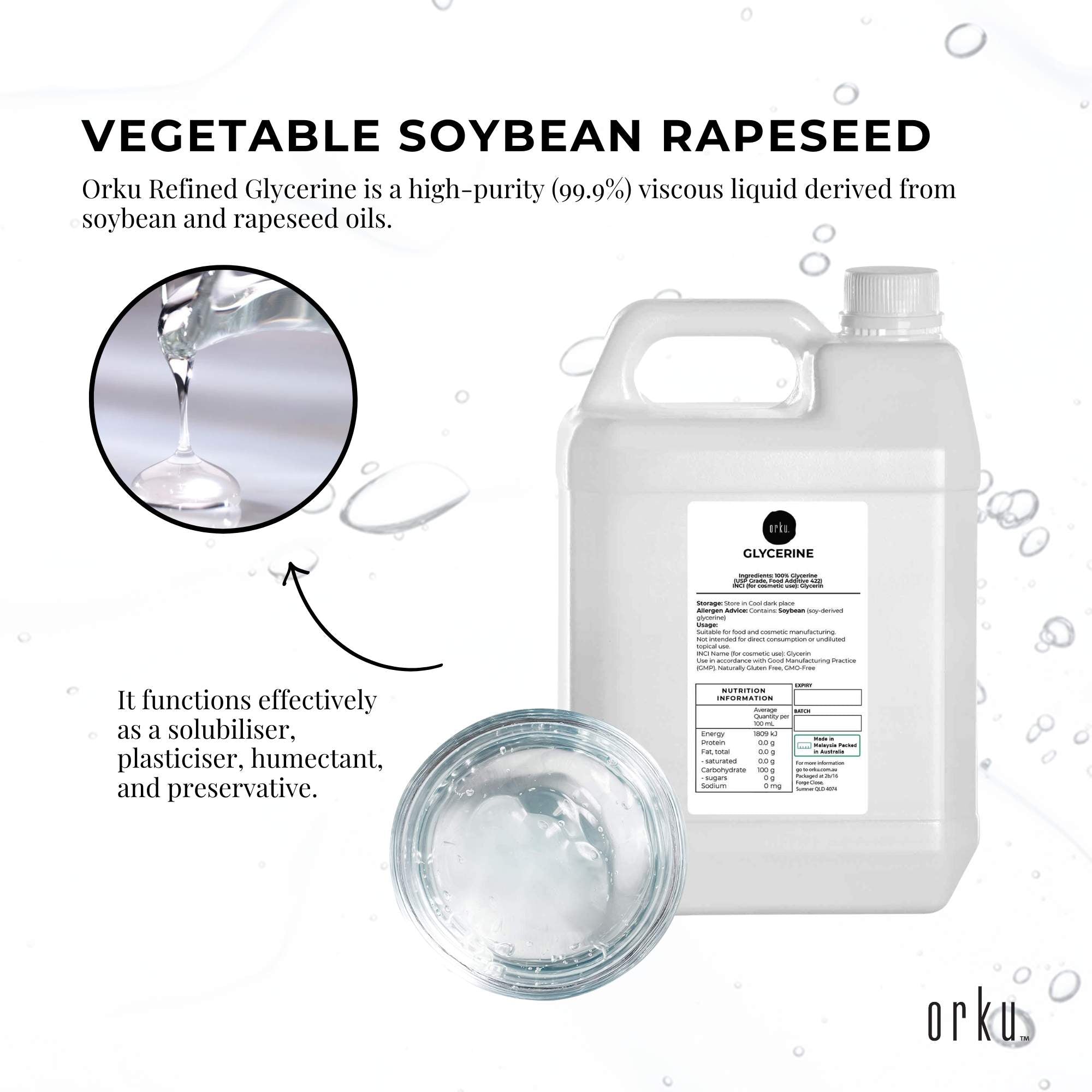Orku 5L Glycerine 99.9% Pure USP Food + Cosmetic Grade - Vegetable Glycerol V238-SUPDZ-31589648466000