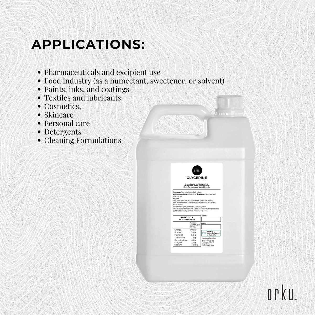 Orku 5L Glycerine 99.9% Pure USP Food + Cosmetic Grade - Vegetable Glycerol V238-SUPDZ-31589648466000