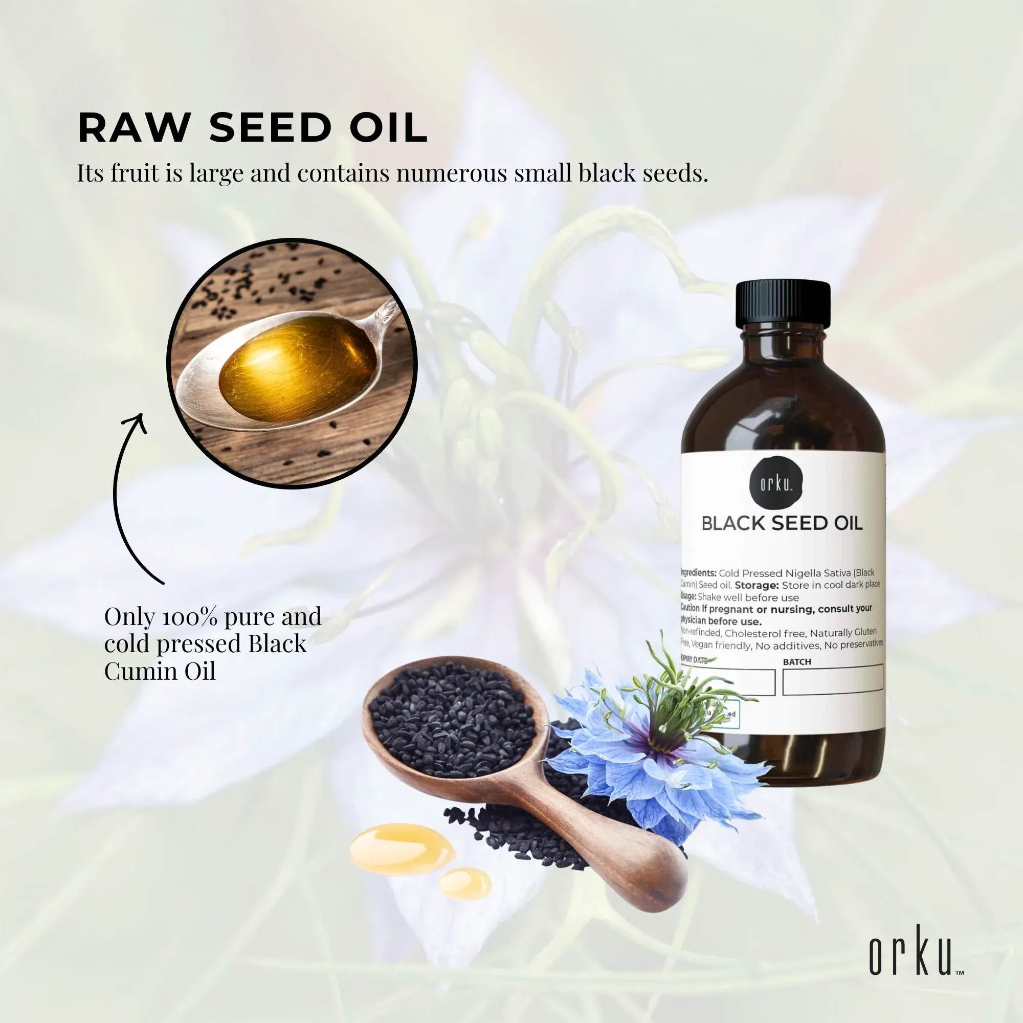 Orku 100ml Pure Black Seed Oil Cold Pressed 100% Ethiopian Nigella Sativa Cumin V238-SUPDZ-31783277625424