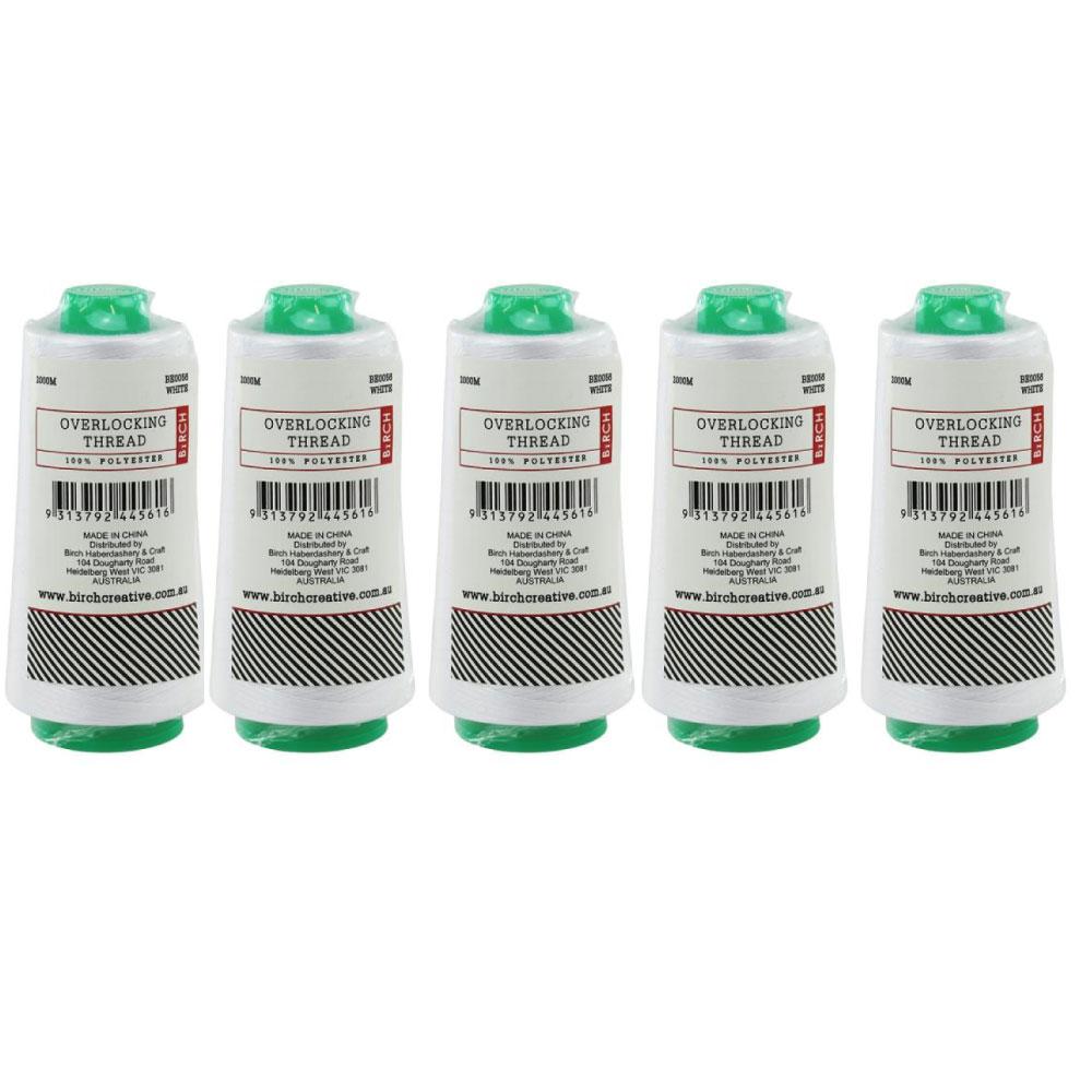5 Pack White Overlocking Thread 2000m Polyester Birch Overlocker Cone Spool Sewing V238-SUPDZ-32056007589968