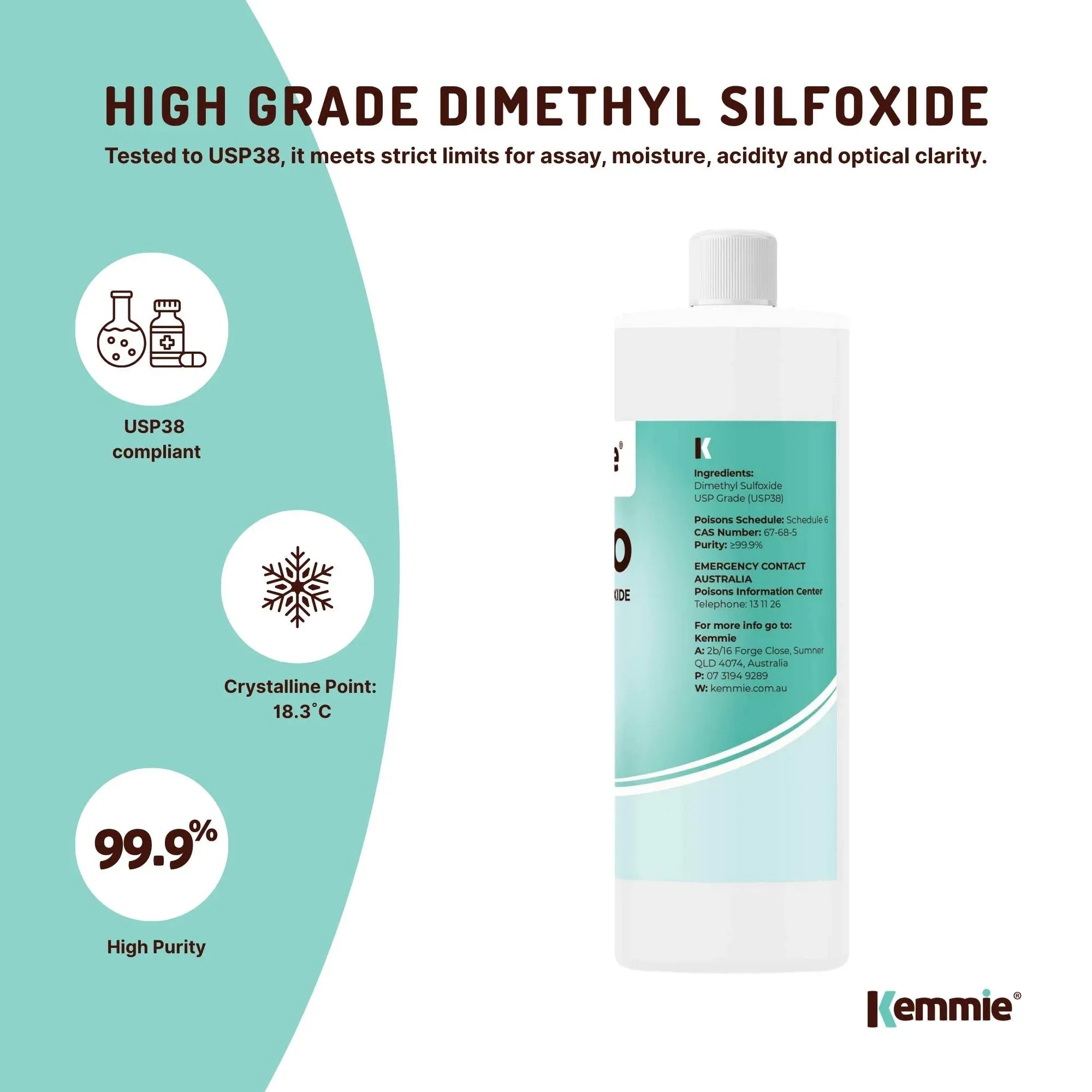Kemmie 1L DMSO Liquid 99.9% Pure - USP Grade Dimethyl Sulfoxide Solvent V238-SUPDZ-32168888402000