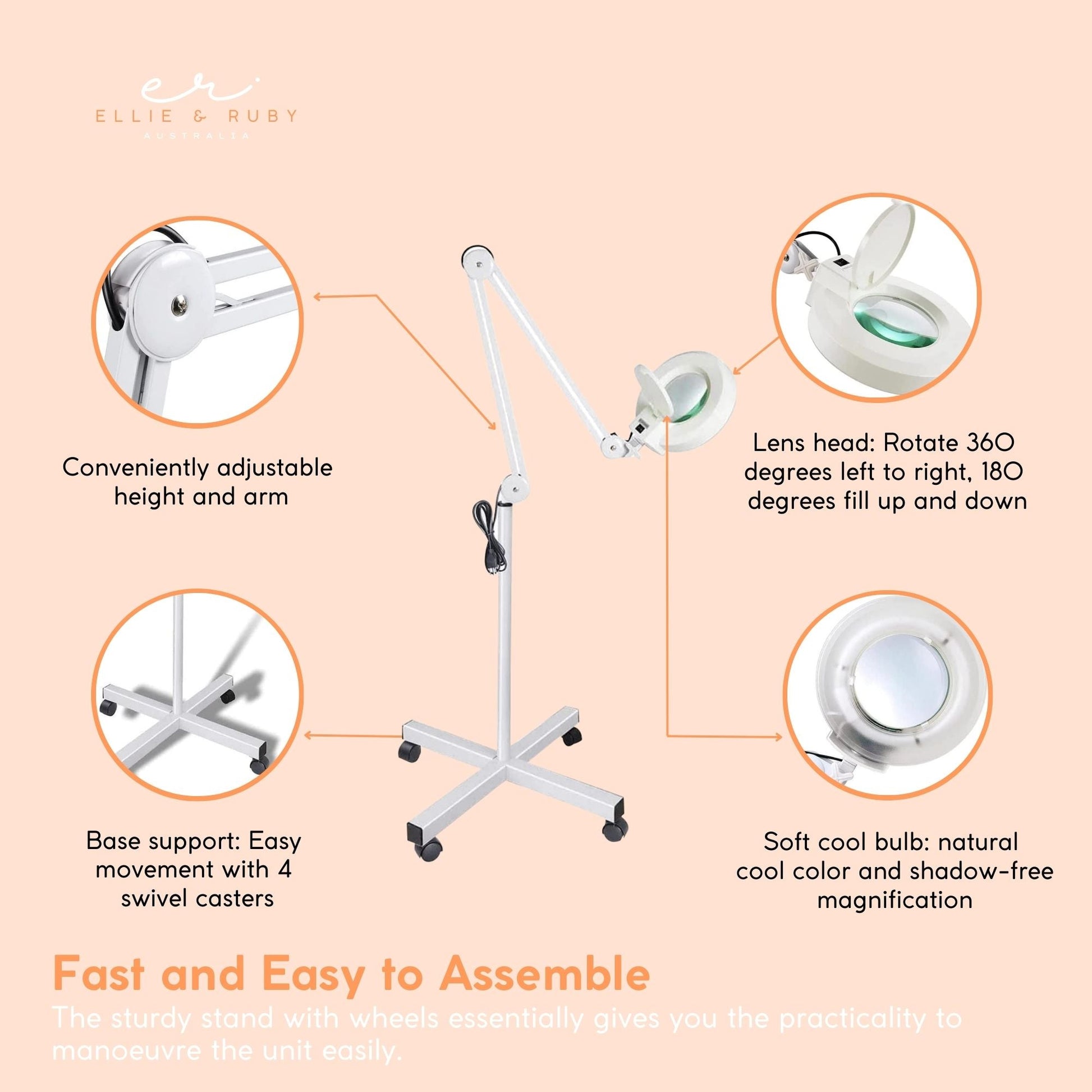 Ellie & Ruby 5x Magnifying Floor Lamp - Glass Lens Light and Wheeled Stand White V238-SUPDZ-32555753832528