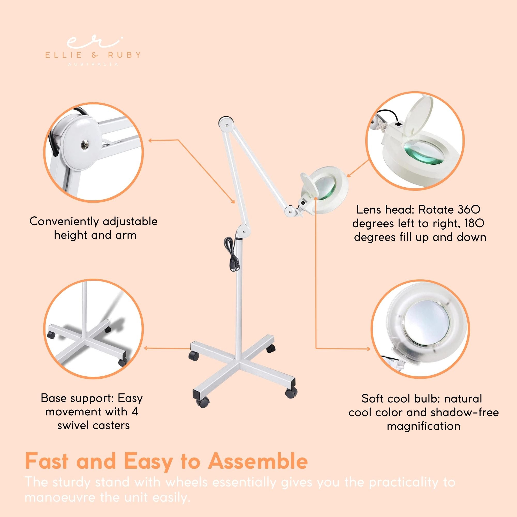 Ellie & Ruby 5x Magnifying Floor Lamp - Glass Lens Light and Wheeled Stand White V238-SUPDZ-32555753832528