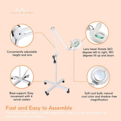 Ellie & Ruby 5x Magnifying Floor Lamp - Glass Lens Light and Wheeled Stand White V238-SUPDZ-32555753832528