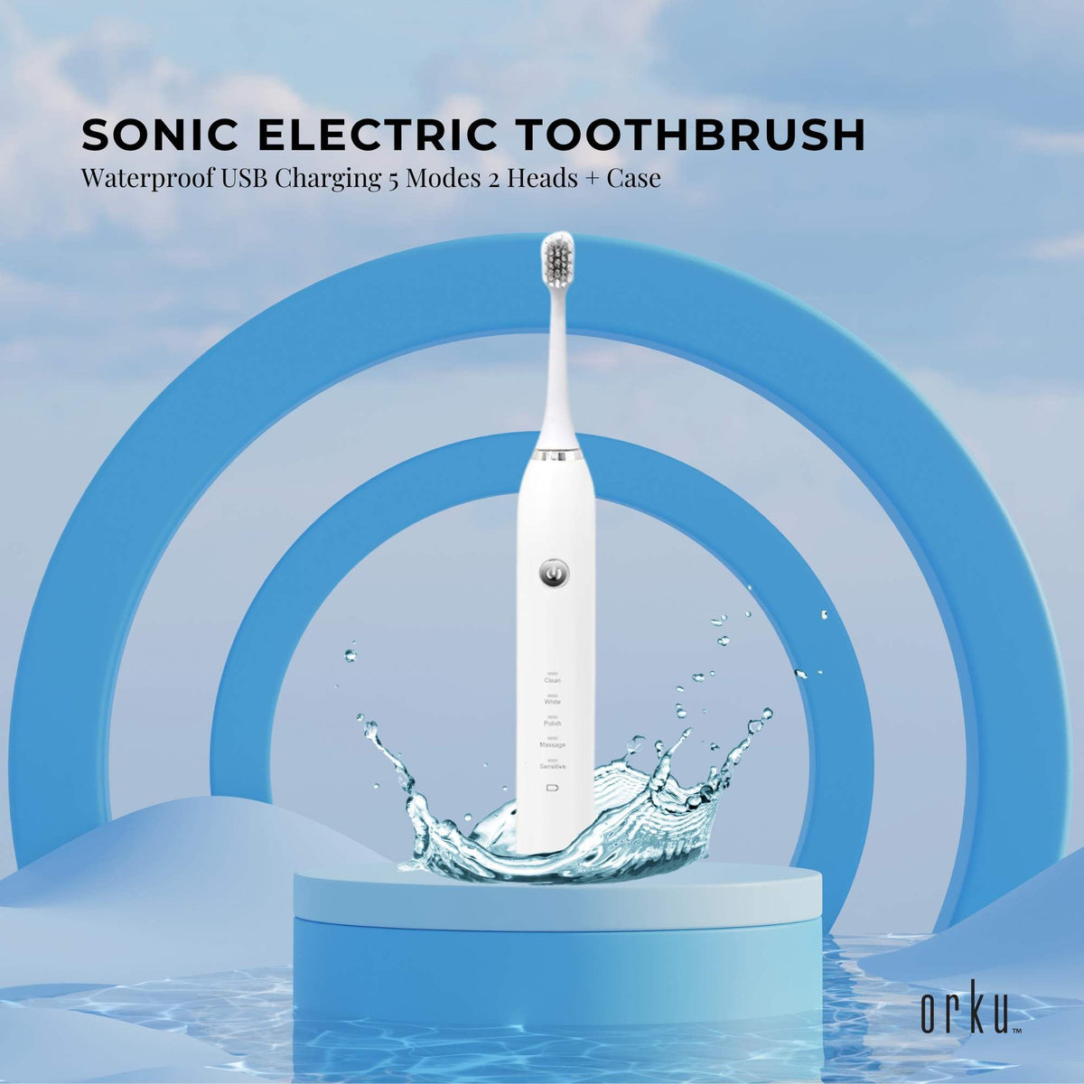 Sonic Electric Toothbrush White - Waterproof USB Charging 5 Modes 2 Heads + Case V238-SUPDZ-32954516930640