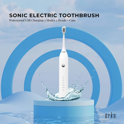 Sonic Electric Toothbrush White - Waterproof USB Charging 5 Modes 2 Heads + Case V238-SUPDZ-32954516930640