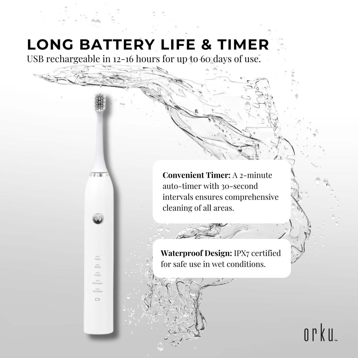 Sonic Electric Toothbrush White - Waterproof USB Charging 5 Modes 2 Heads + Case V238-SUPDZ-32954516930640