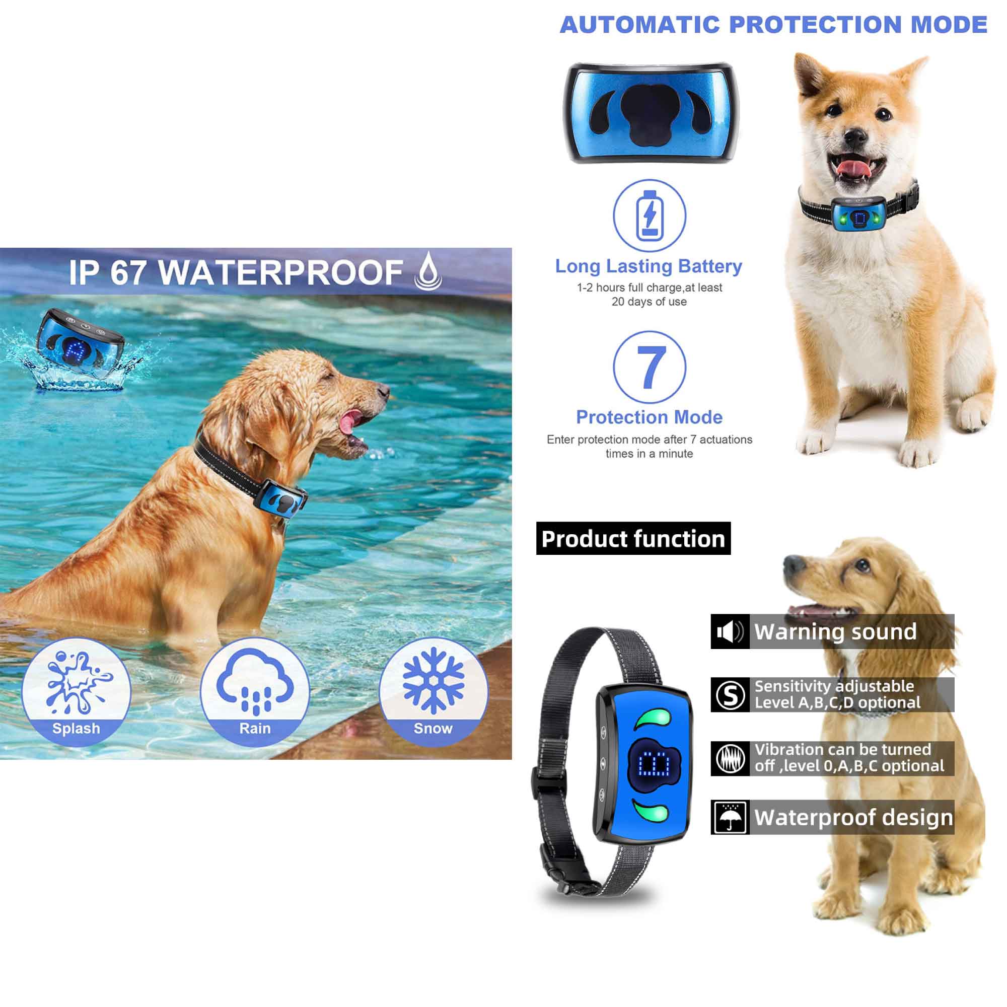 Dog Bark Collar - Vibration Magnetic Charging Waterproof Smart Barking Detection V238-SUPDZ-32987389067344