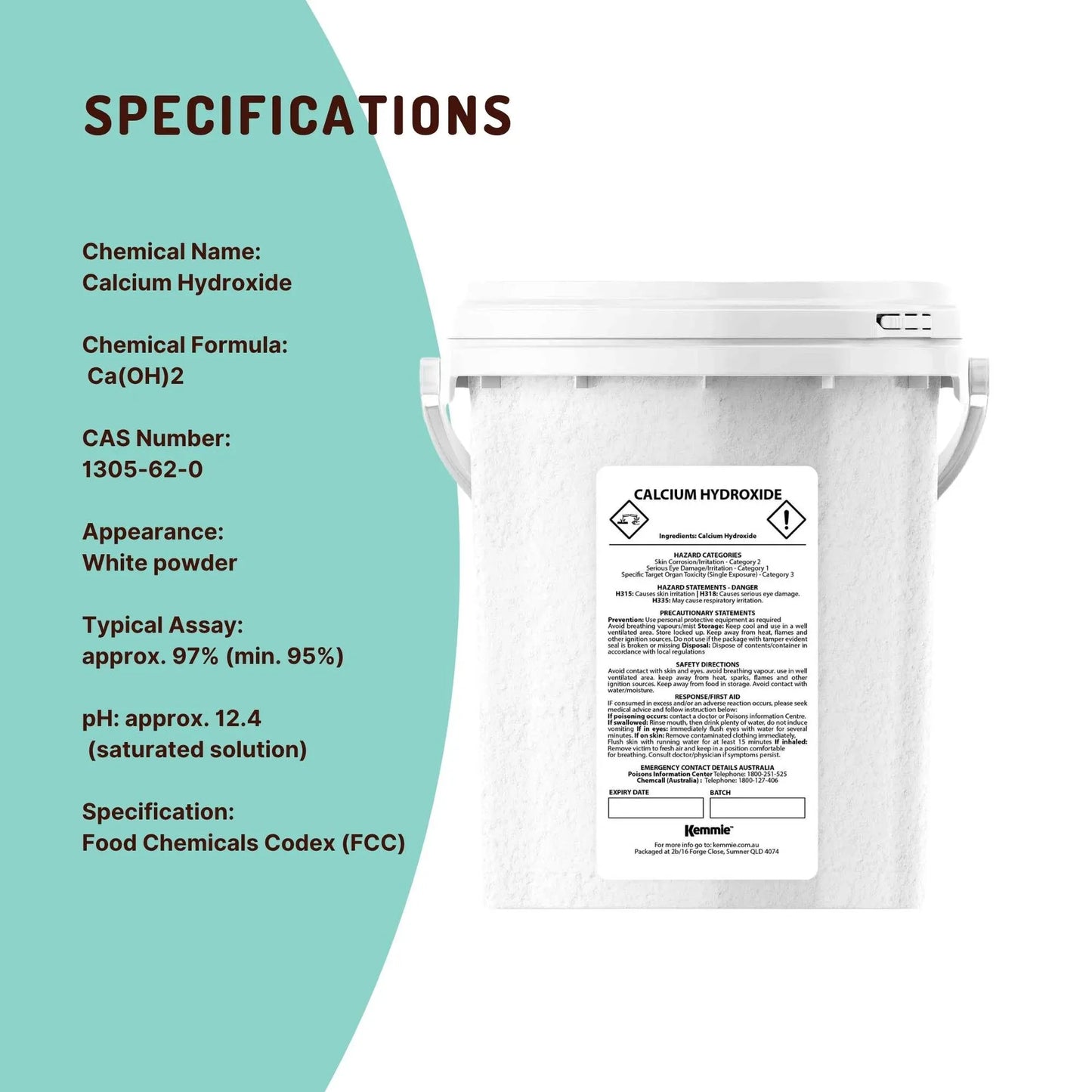 Kemmie 600g Calcium Hydroxide Powder Tub - Food Grade Pickling Lime FCC V238-SUPDZ-33022601691216