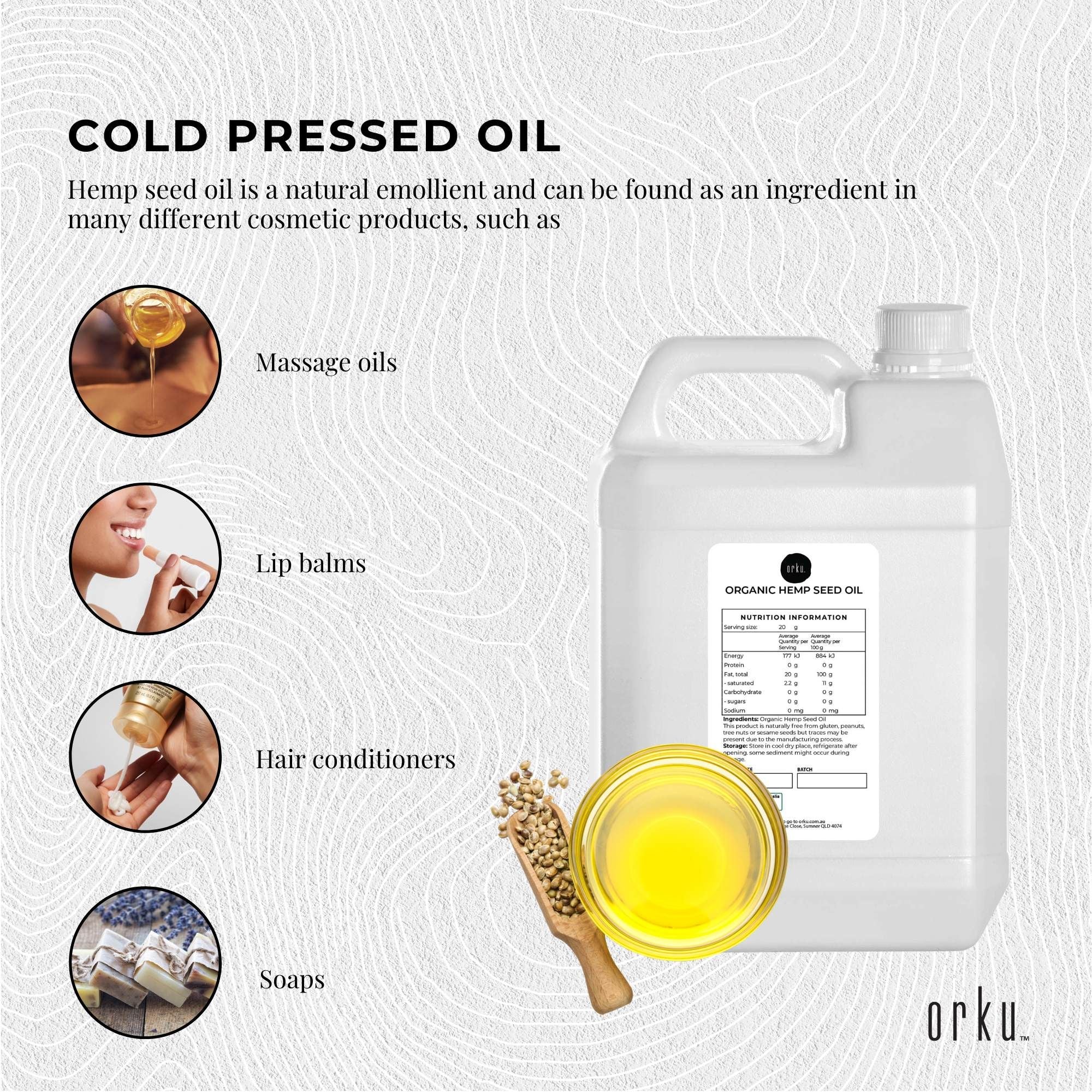 Orku 5L Organic Hemp Seed Oil - Cold Pressed Food Grade Oils V238-SUPDZ-33088463175760