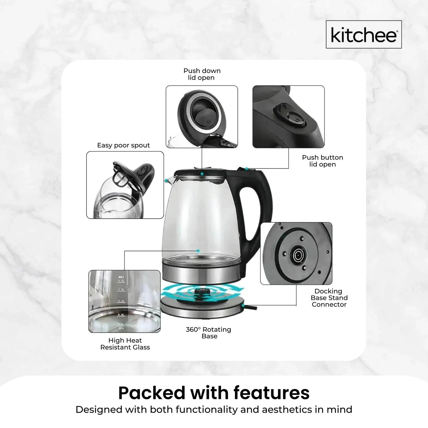 Kitchee 1.7L Glass Electric Kettle LED Light Cordless 360 Water Boiling Jug V238-SUPDZ-33114836959312