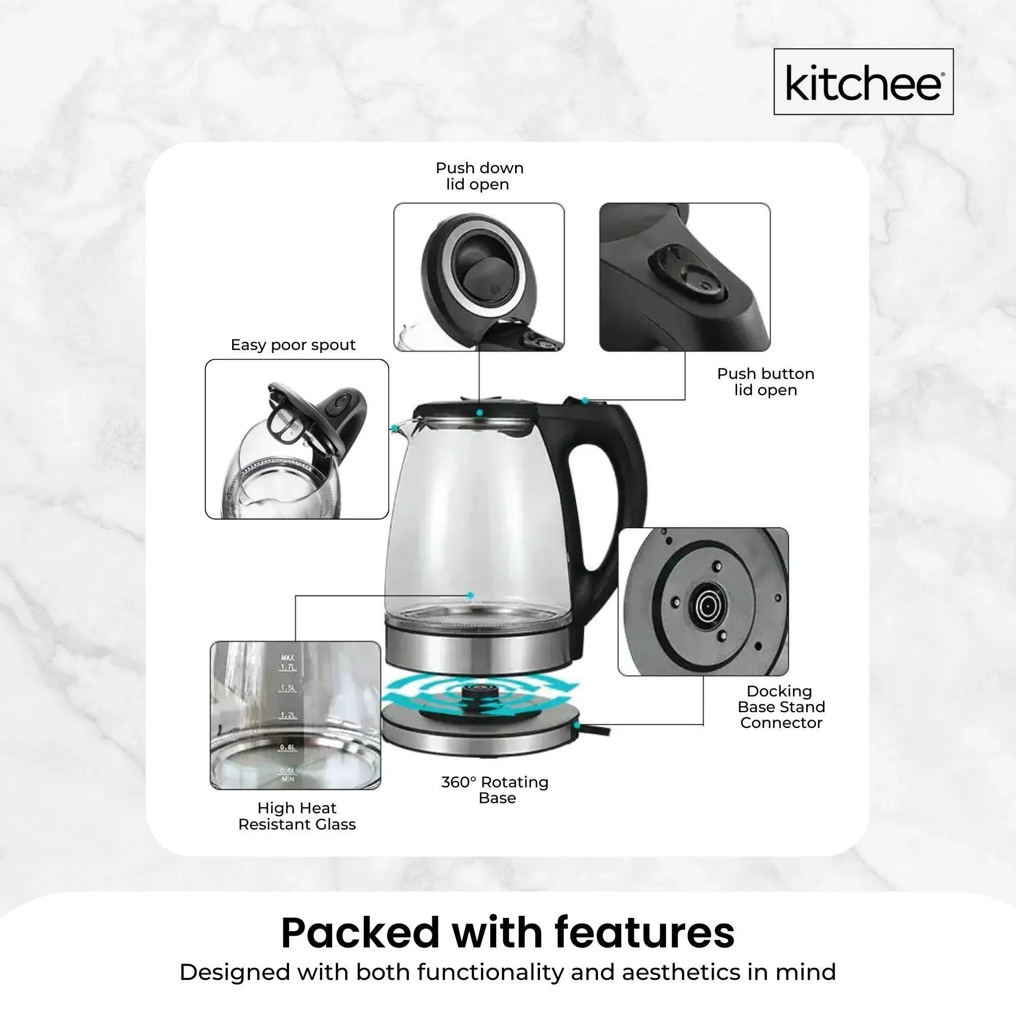 Kitchee 1.7L Glass Electric Kettle LED Light Cordless 360 Water Boiling Jug V238-SUPDZ-33114836959312